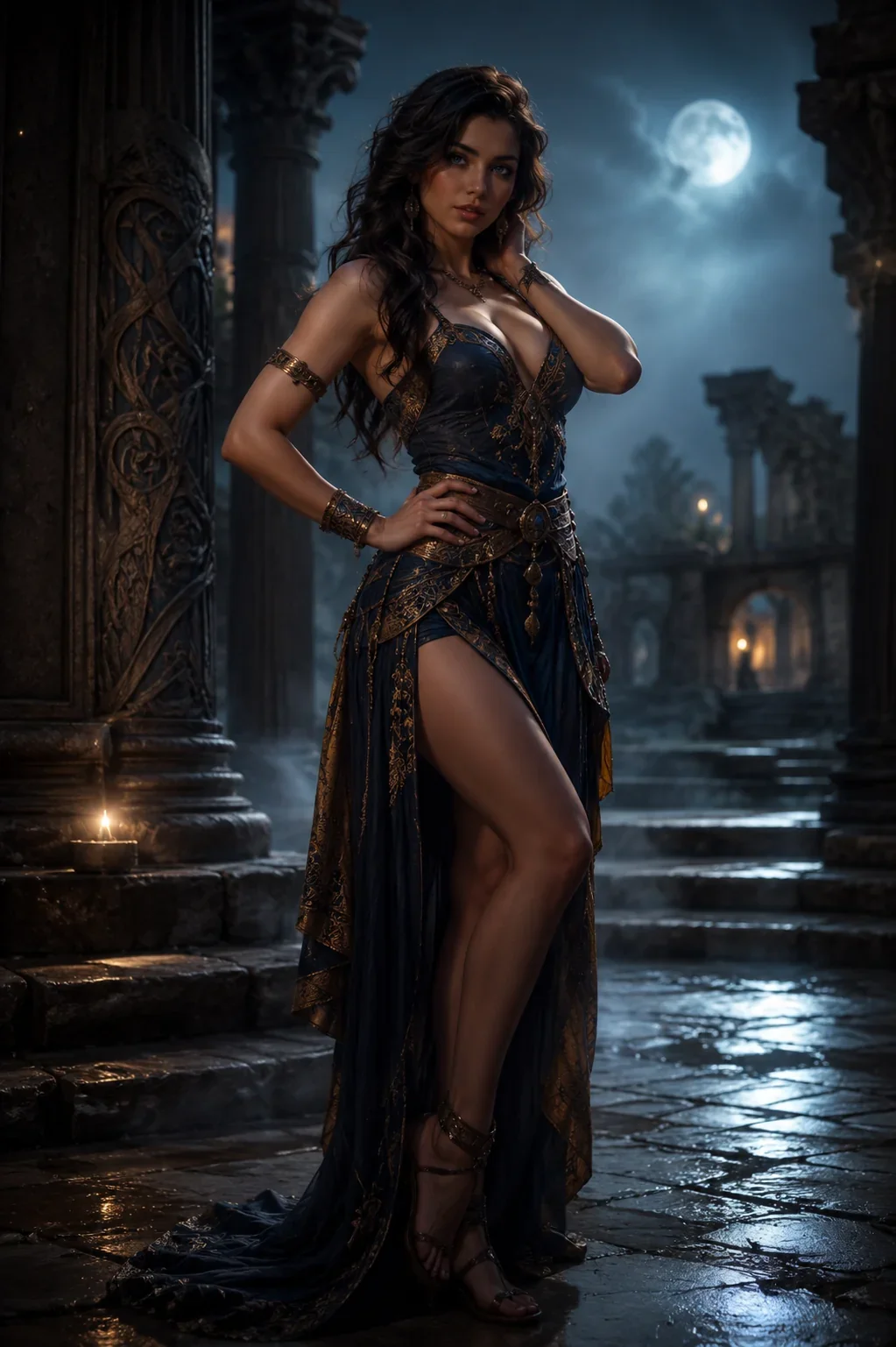 Brunette woman in a navy-and-gold gown seen from behind, glancing over her shoulder in a moonlit courtyard with a statue and a candle.