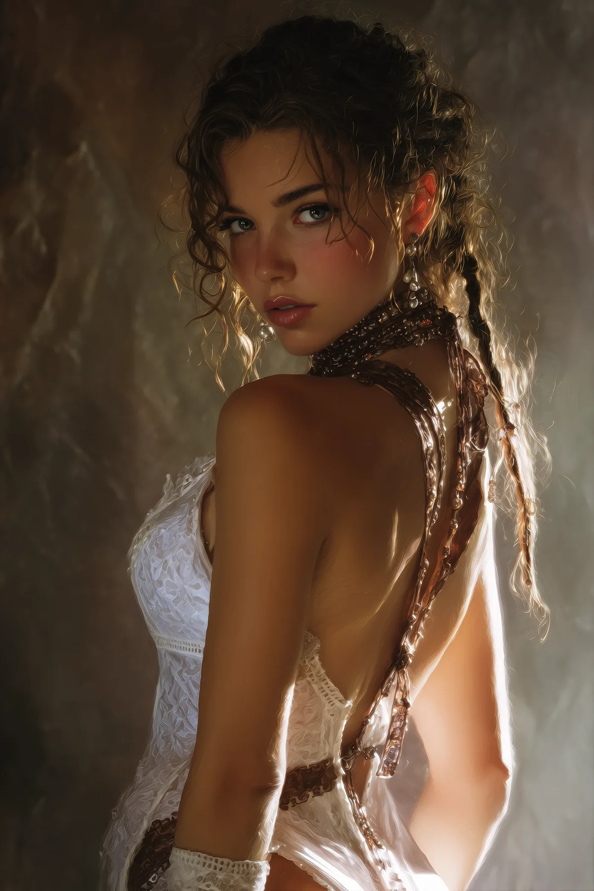Woman with long braided hair in a loose off-shoulder white linen garment, standing against a dark backdrop.