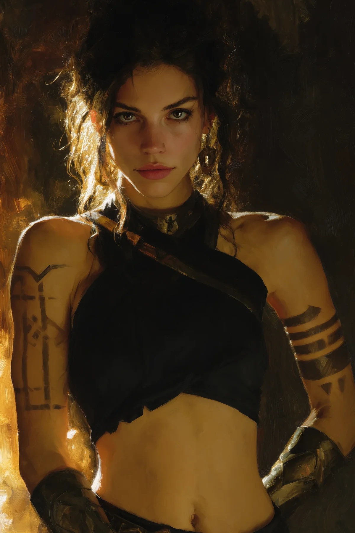 Dark-haired woman with arm tattoos wearing a black crop top and gloves, midriff bare, against a dark setting.