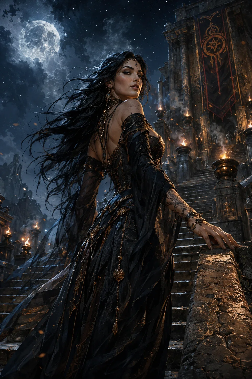 Black-haired tattooed woman in a black gown climbing torch-lit temple stairs at night beneath a sigil banner and a full moon, seen from a low angle.