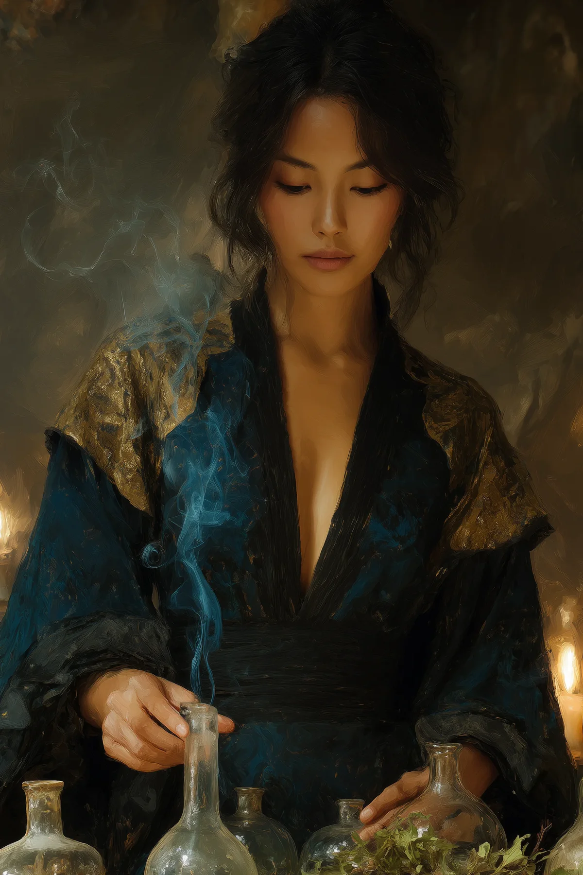 Asian woman in layered blue silk robes working at a candlelit table with small flames and vials.