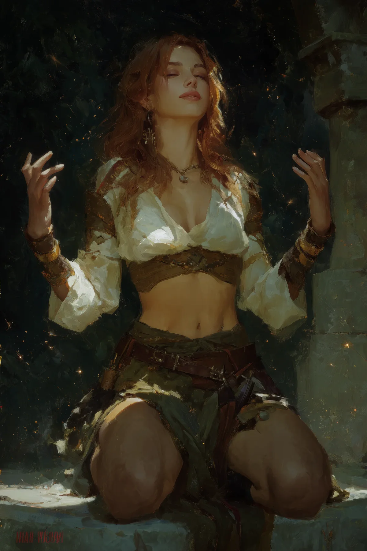 Auburn-haired woman kneeling in a white linen wrap and brown skirt in a dim candlelit interior.