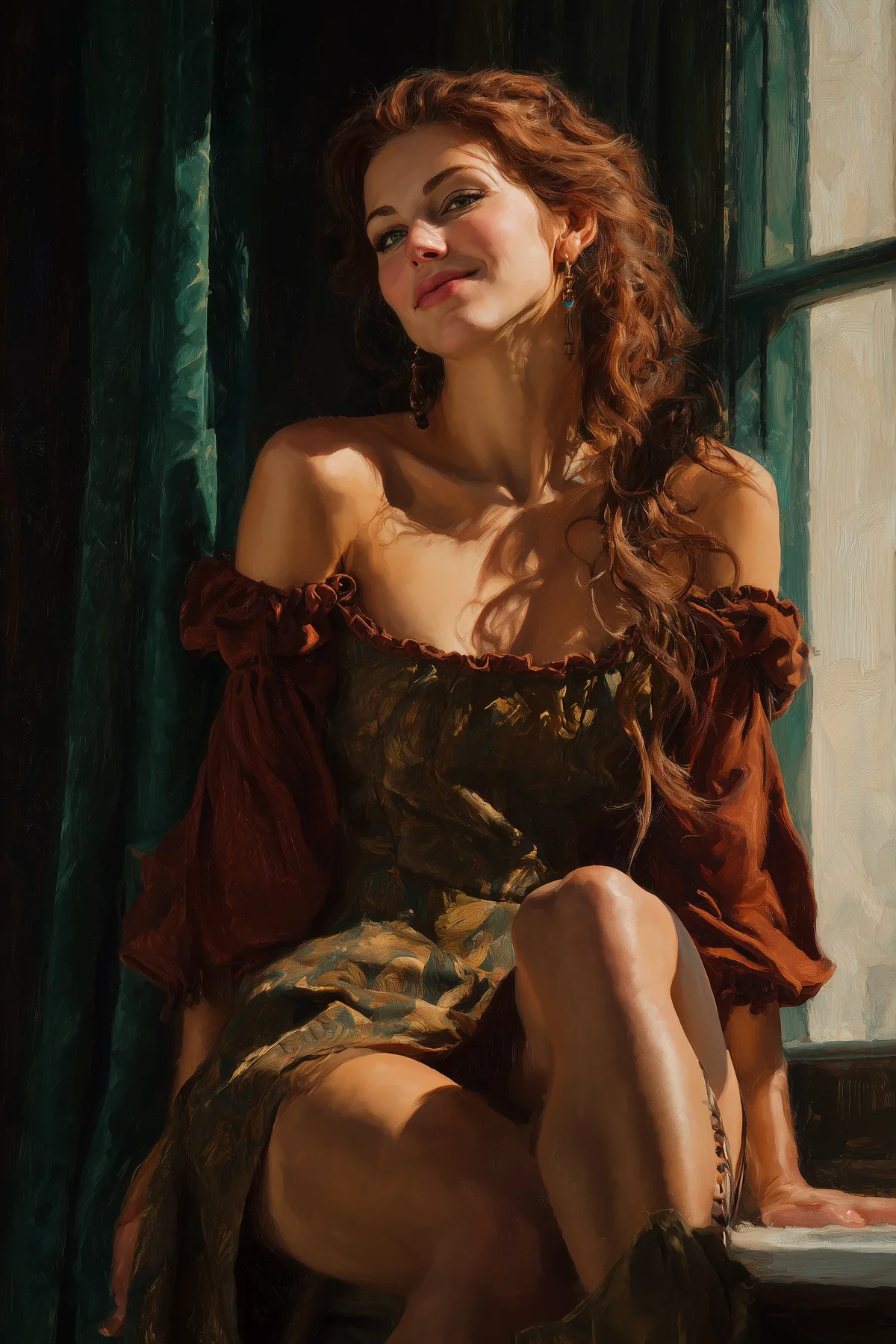 Auburn-haired woman in a rust-colored off-shoulder dress, seated near a window in warm light.