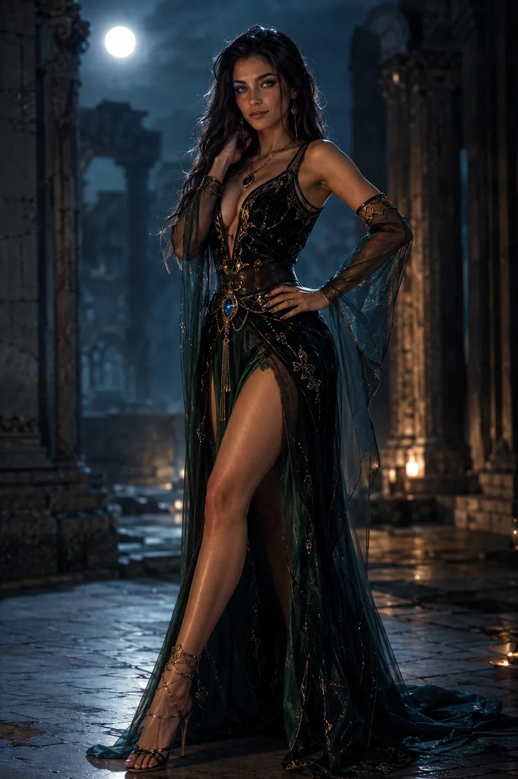 Brunette woman in a black-and-gold gown with sheer sleeves and a high slit, standing in a moonlit ruined colonnade on wet stone.