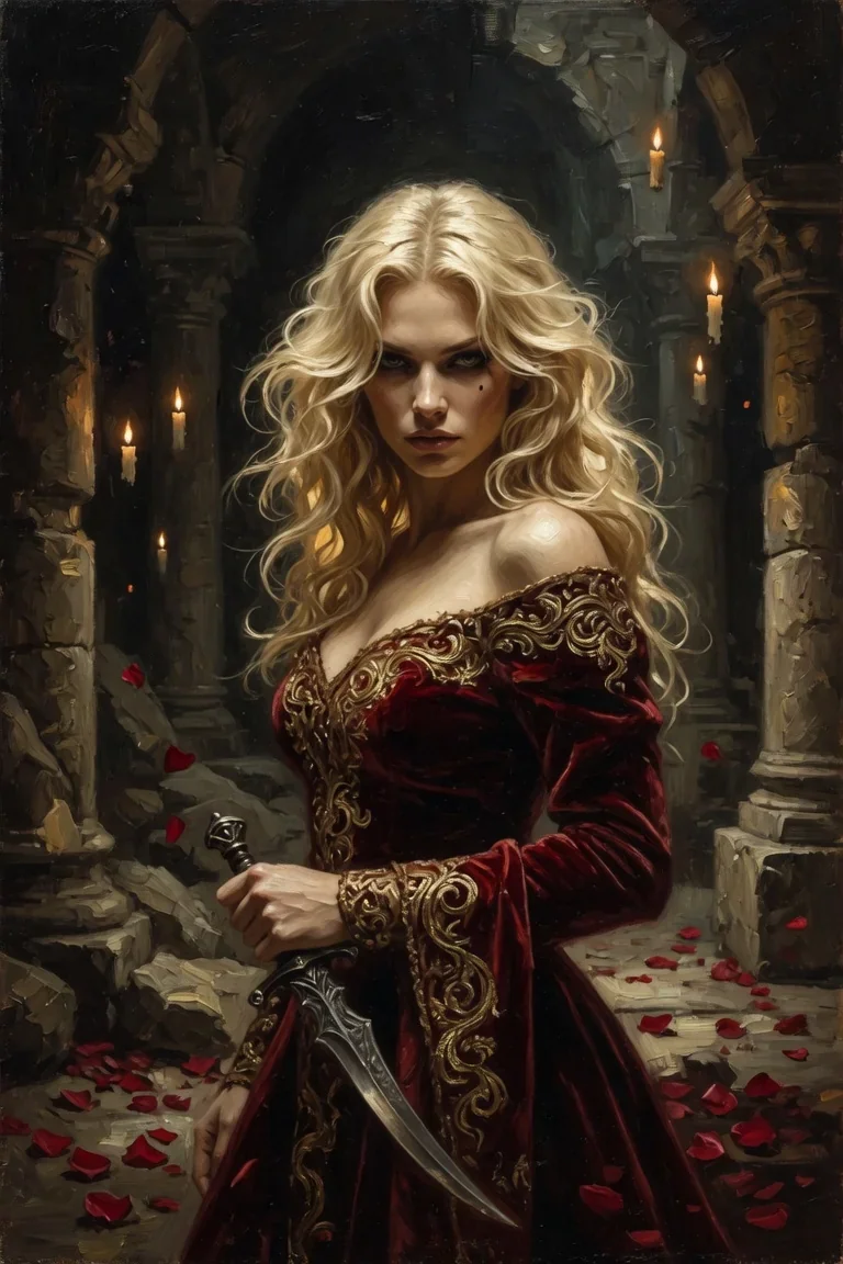 Blonde woman with wavy hair in a dark red velvet gown with gold embroidery, holding a curved dagger in a candlelit stone crypt strewn with rose petals.