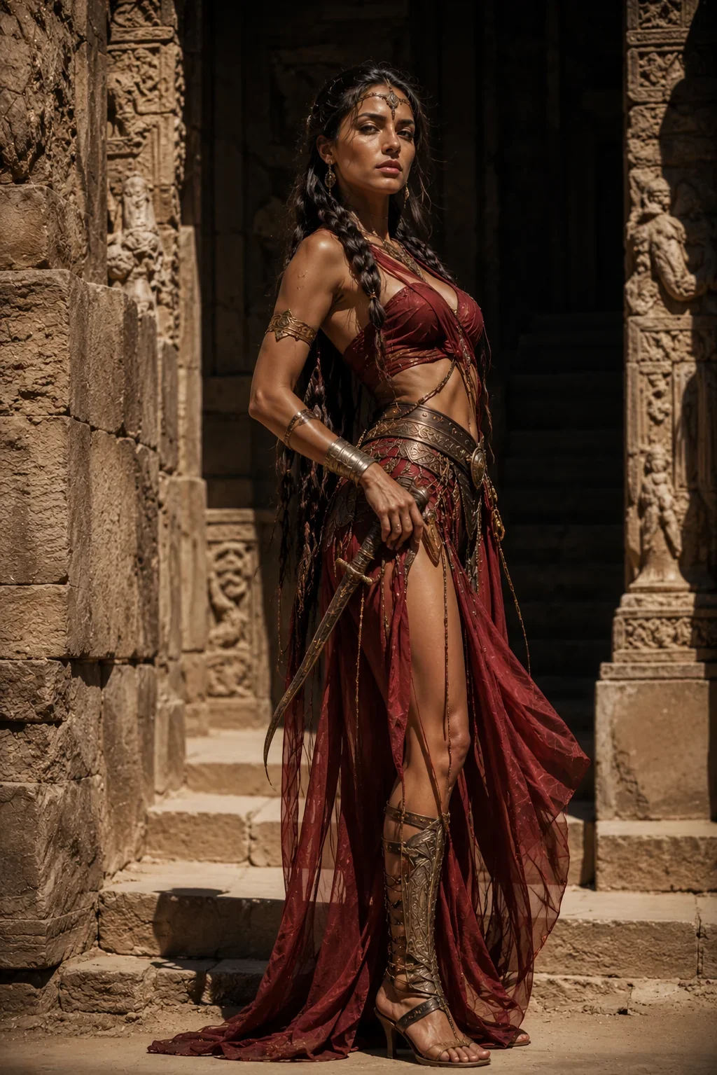 Muscular bronze-skinned woman with long black braids in a red gauzy warrior outfit with greaves, holding a sword outside a carved stone temple.