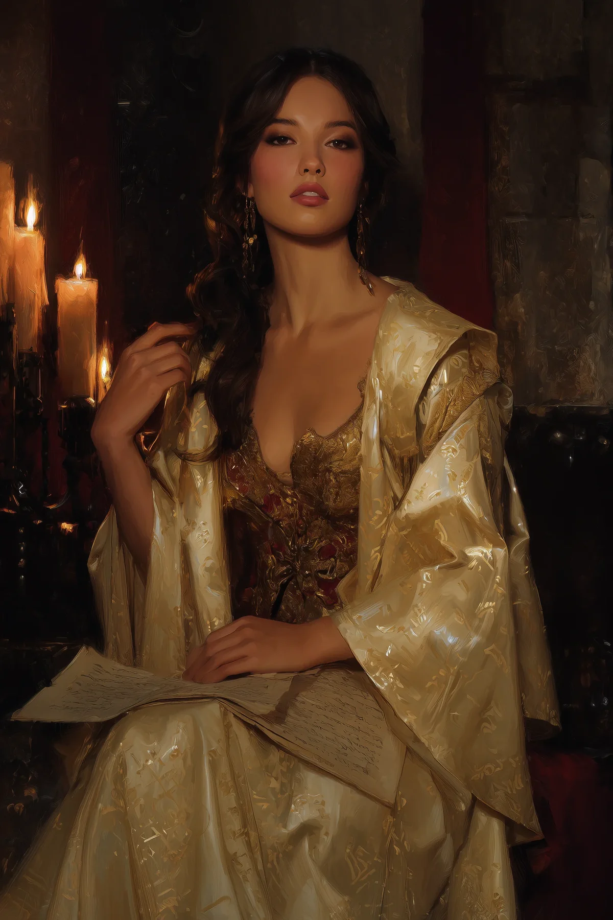 Dark-haired woman in a loose gilded robe holding a candle in a dim interior.