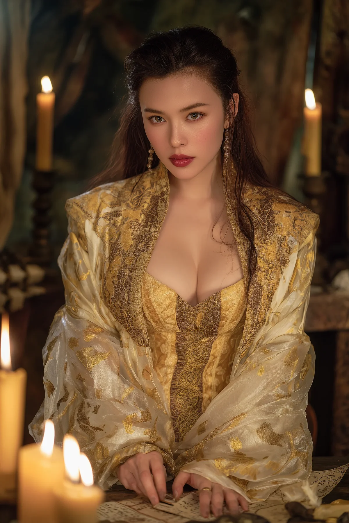 Dark-haired woman in a gold silk robe seated indoors beside lit candles, gazing at the viewer.