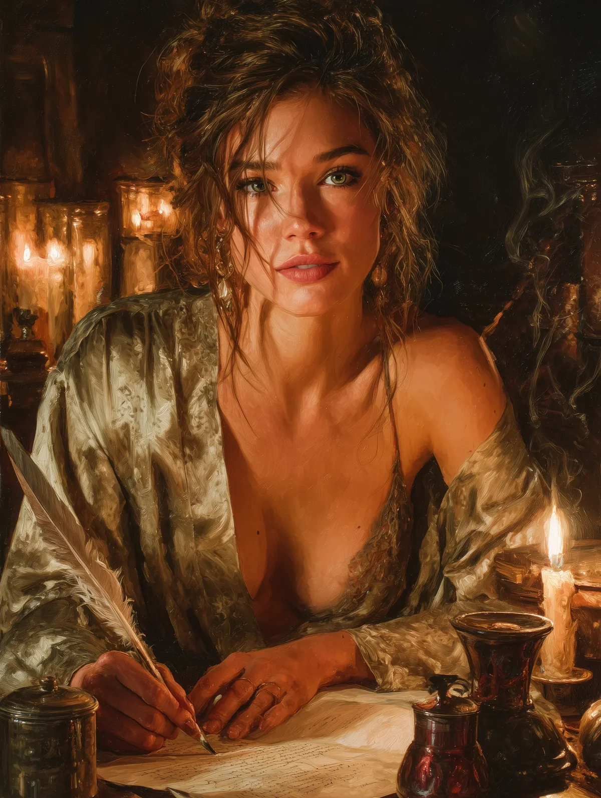 Auburn-haired woman bare-shouldered at a candlelit writing desk with parchment and quill.