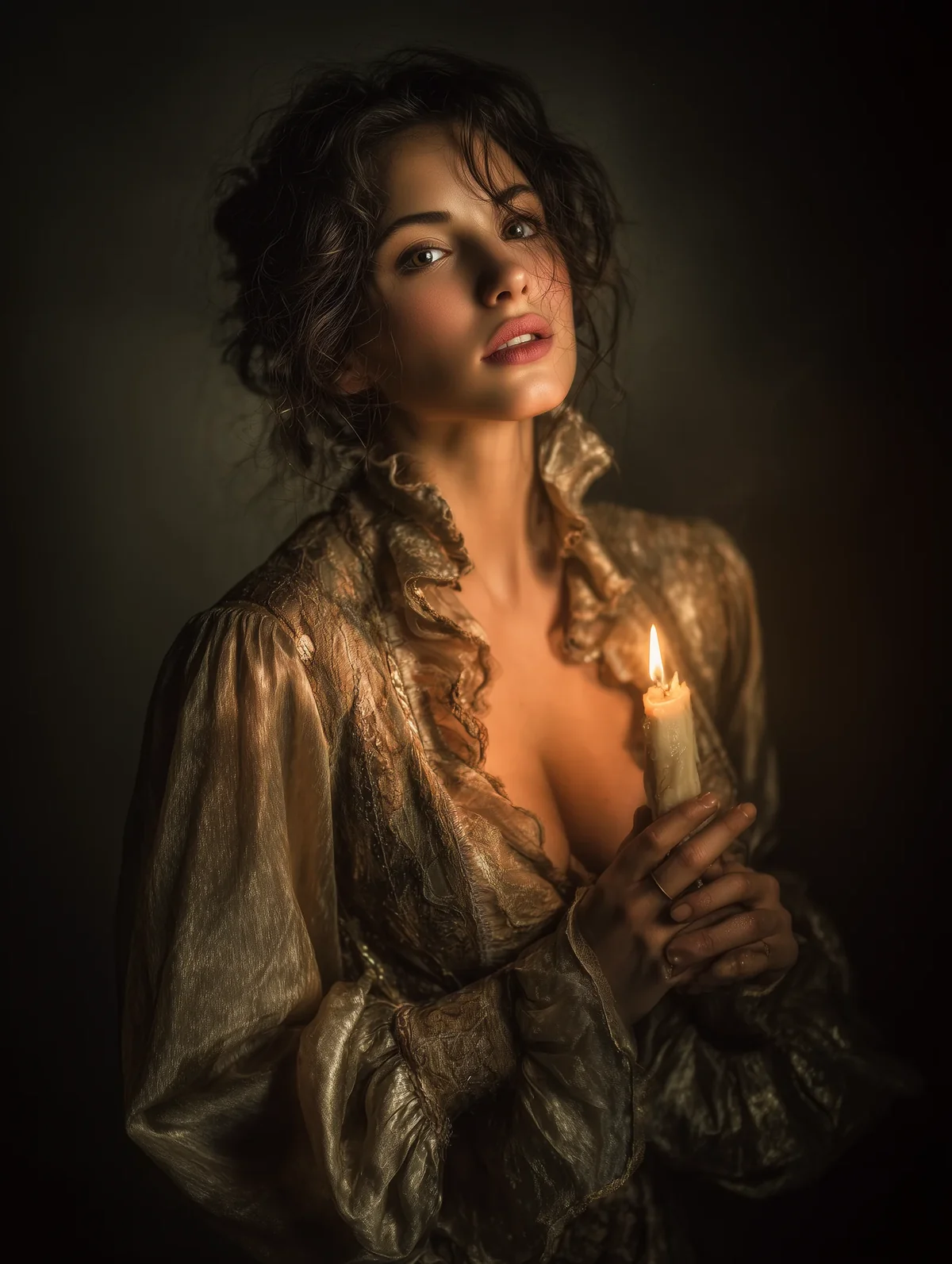 Curly-haired woman in a loose pale bodice leaning into warm candlelight.