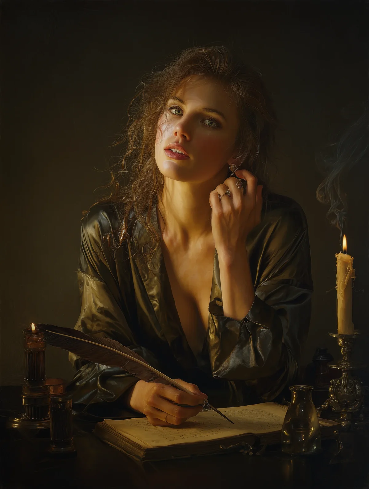 Brunette woman in dark drapery resting her head on her hand beside a candle and a written letter.