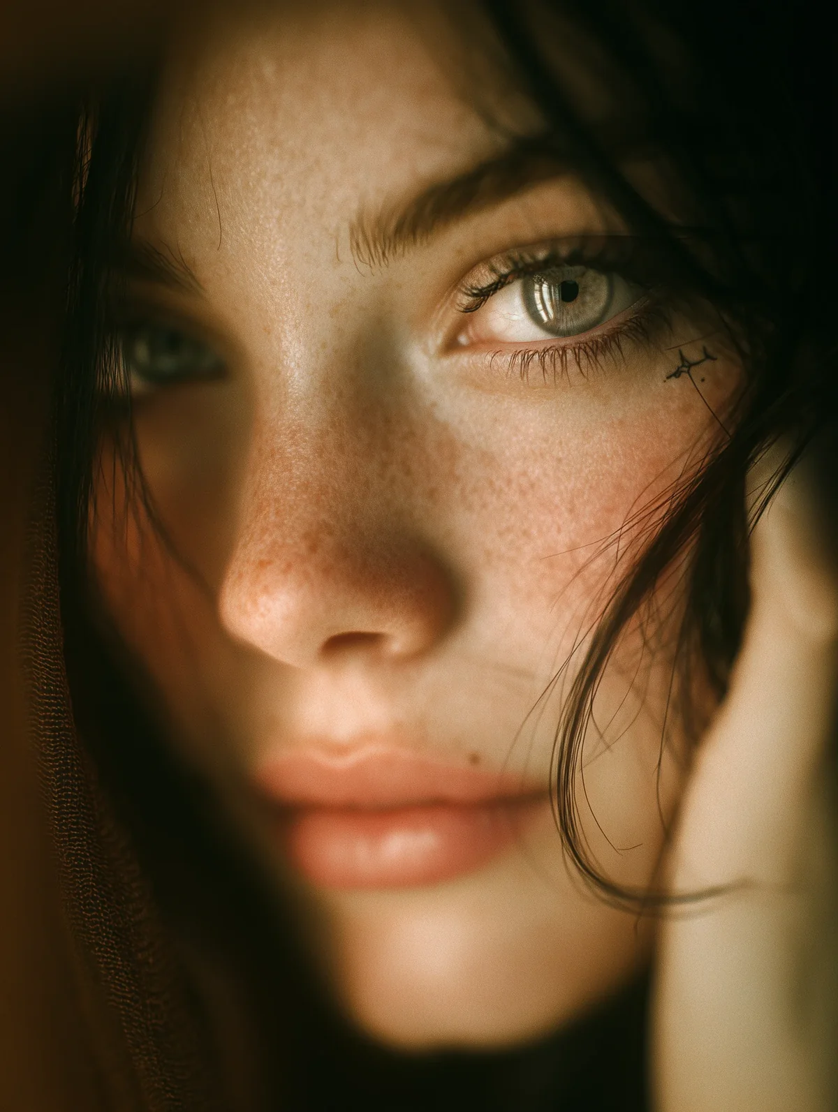 Extreme close-up portrait of a freckled woman with grey eyes and dark hair.