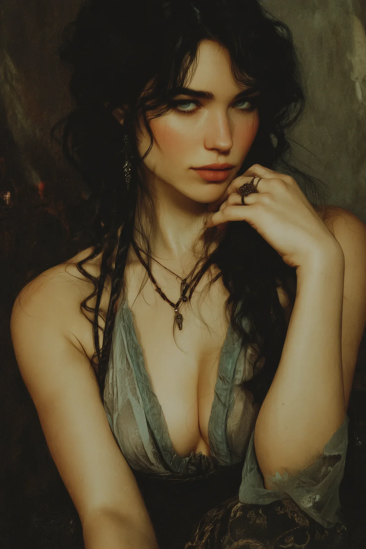 Dark-haired woman in black lace lingerie standing in a dim, ornately painted hall.