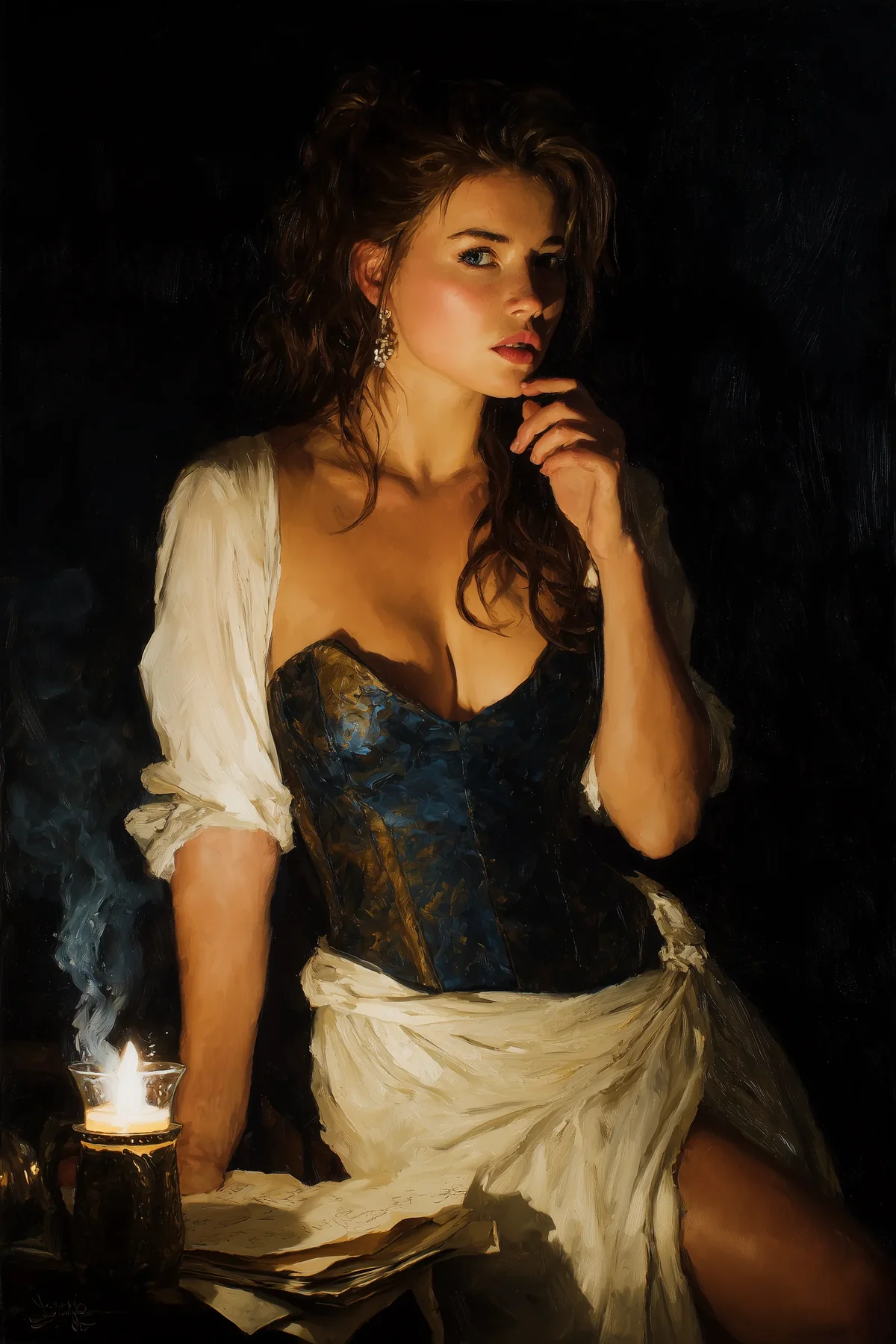 Woman in a dark bodice and pale draped cloth, fingers near her lips, in a dim candlelit room.