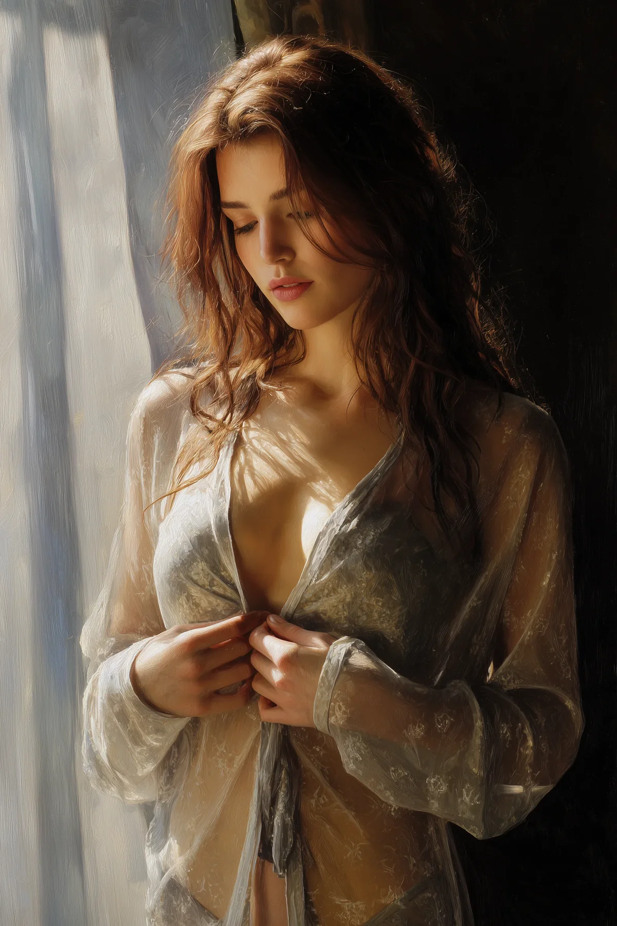 Auburn-haired woman holding a sheer pale wrap loosely around her, in soft daylight.