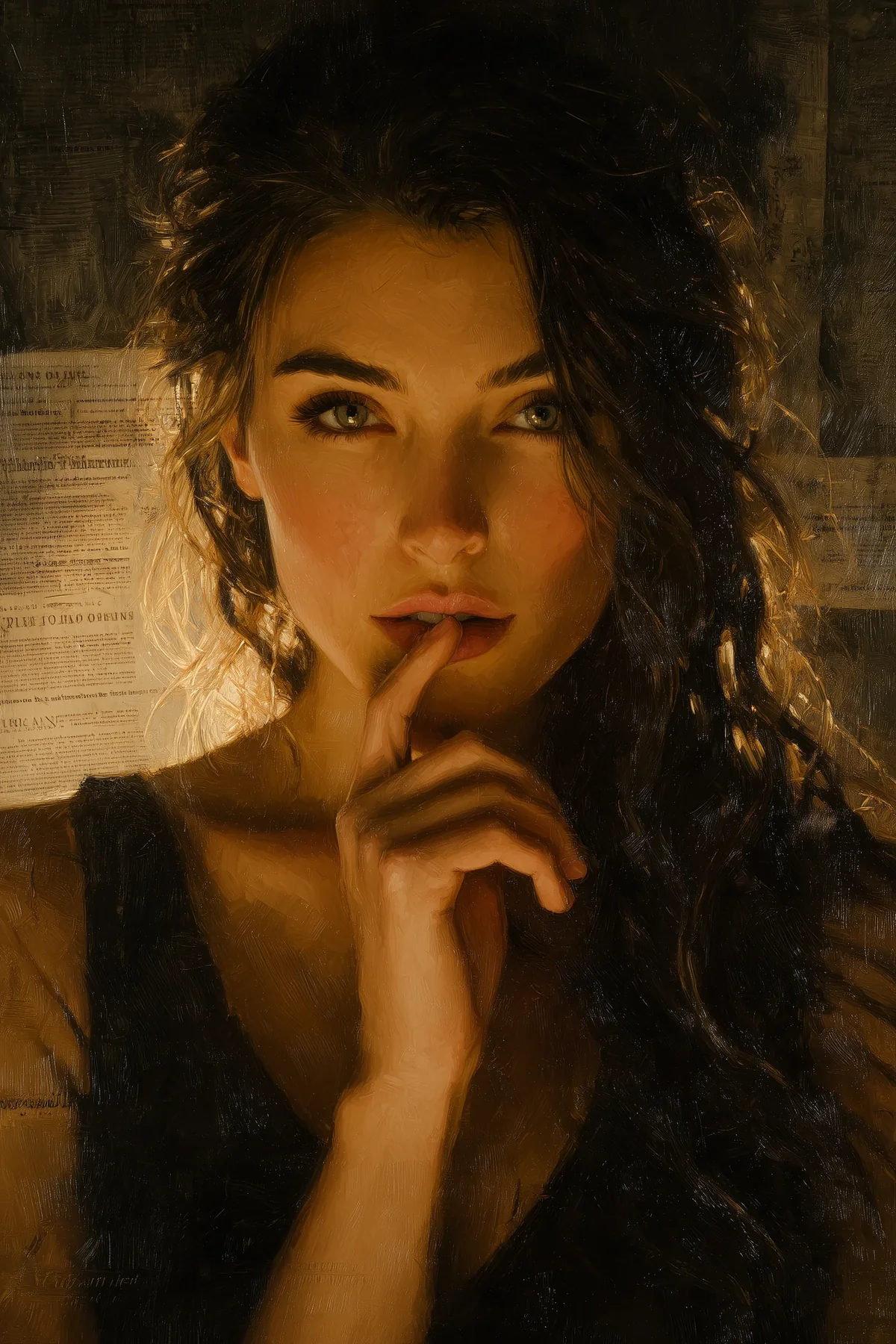 Portrait of a dark-haired woman pressing one finger to her lips against a dim interior.