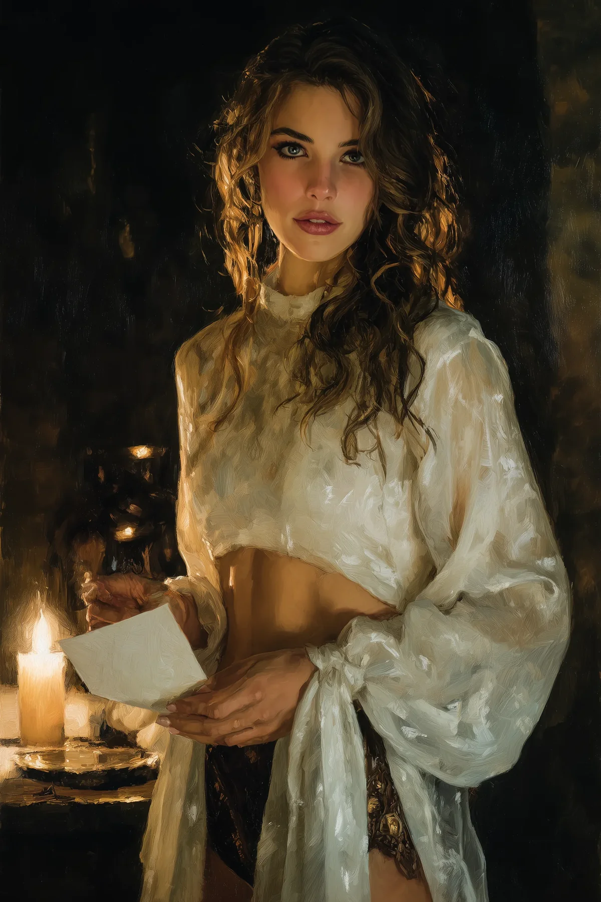 Curly-haired brunette in a loose white blouse holding a letter, a lit candle beside her.