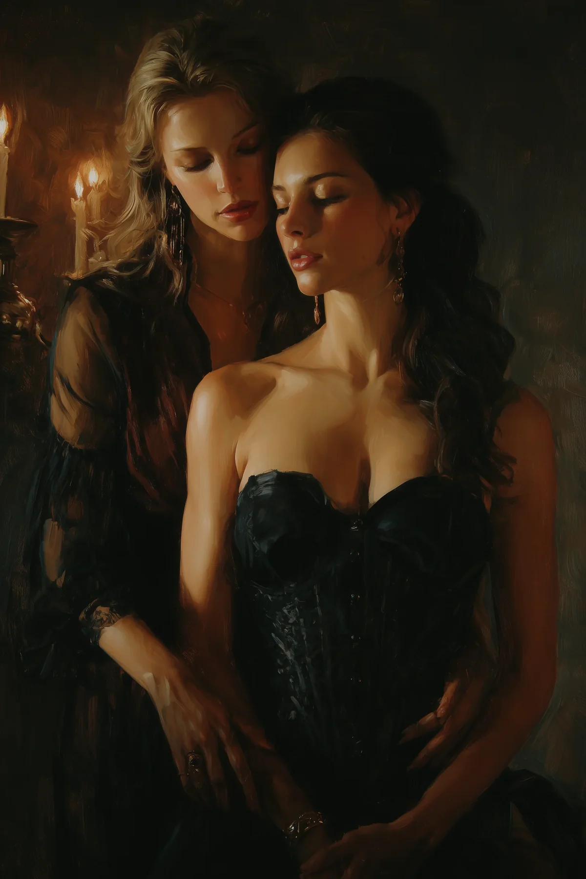 Two women close together in dim light, one in a dark corset gown.