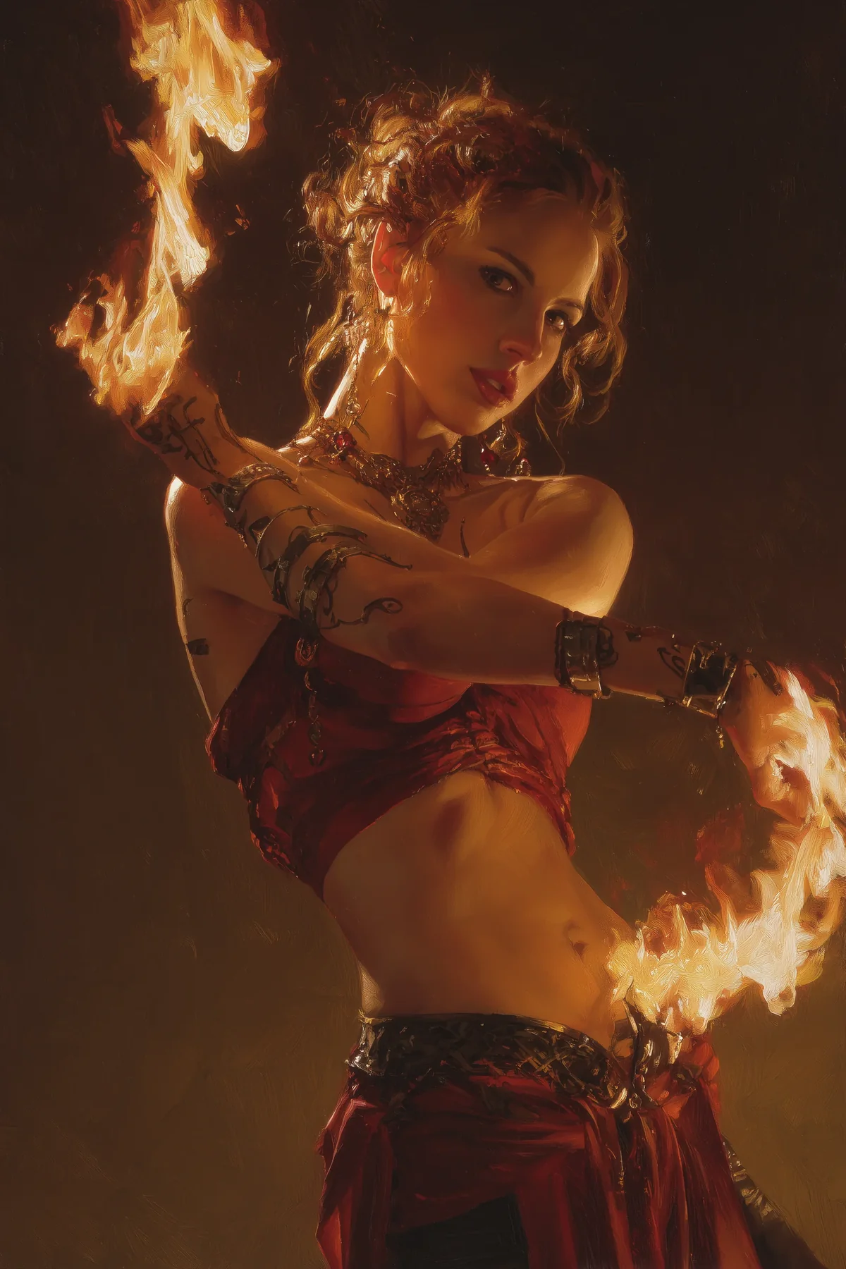 Athletic blonde woman in a red garment surrounded by firelight.