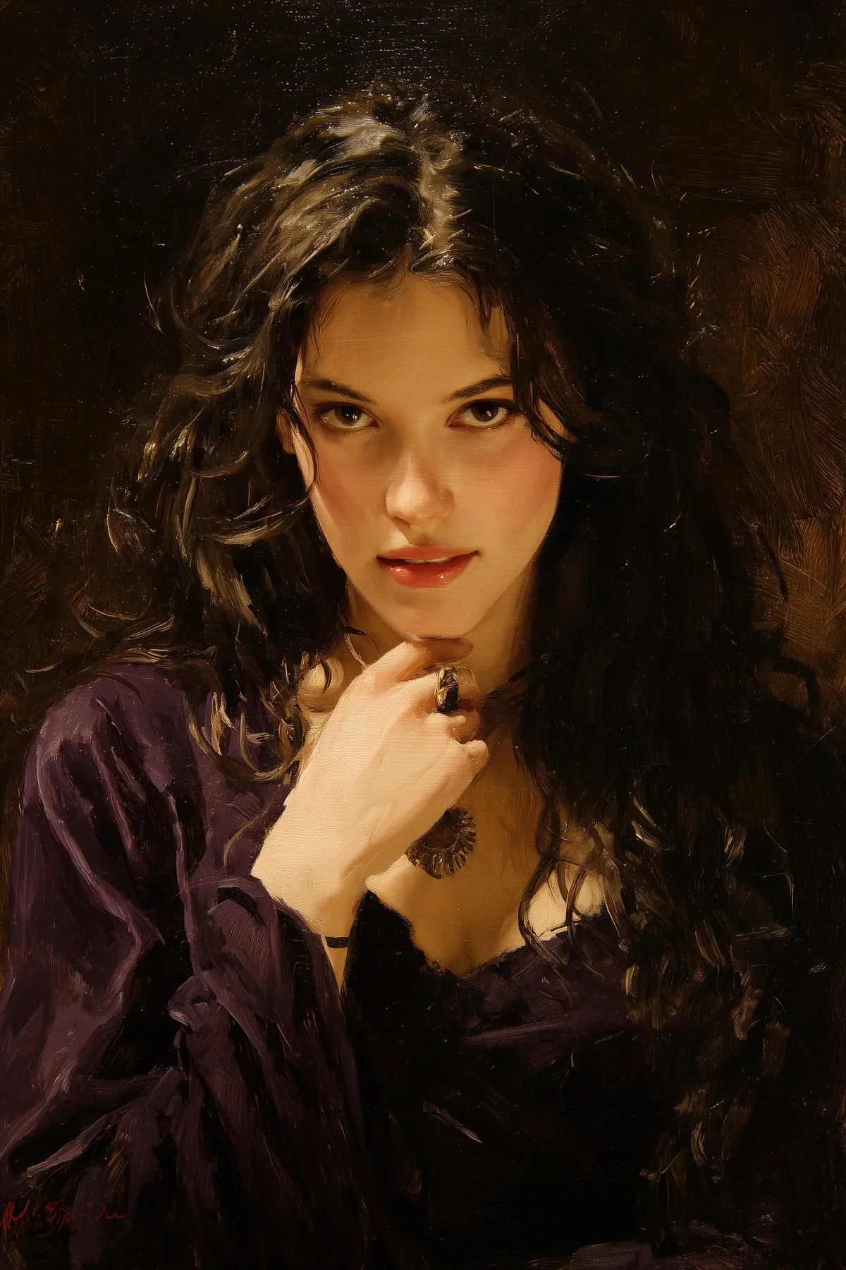 Dark-haired woman in a plum velvet wrap resting her chin on her hand.