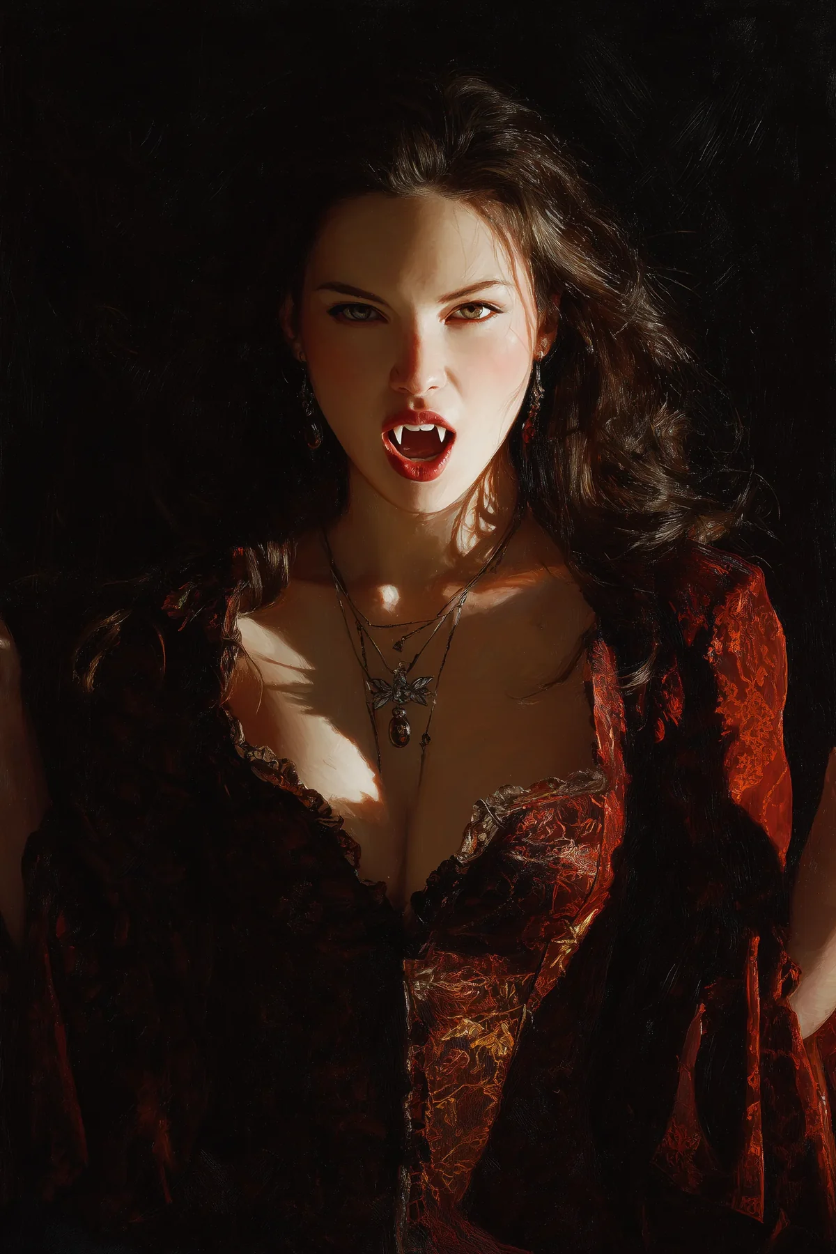 Dark-haired pale woman in a red gown with a visible fang, seen in dim warm light.