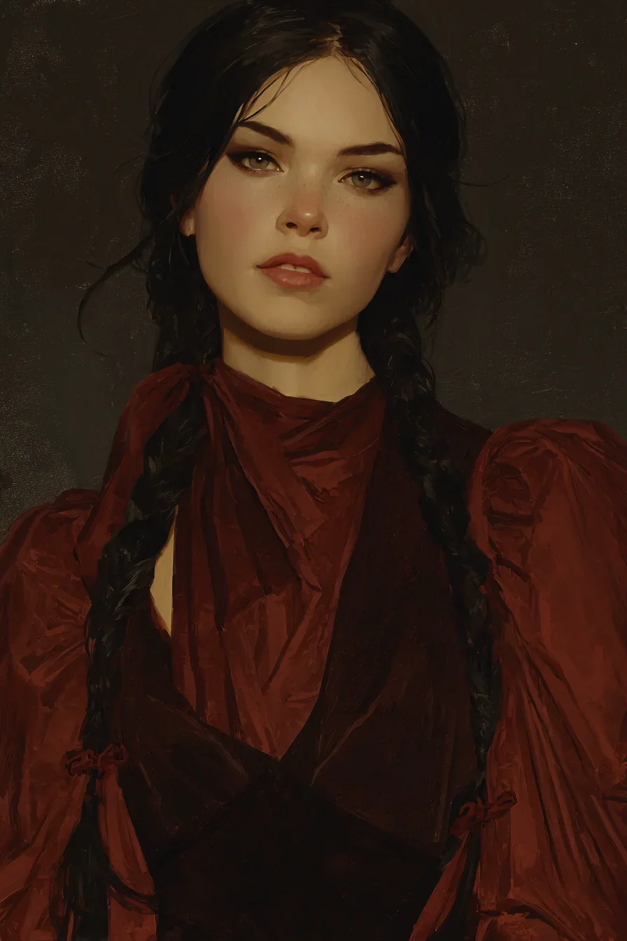 Dark-haired woman with two long braids in a high-collared crimson gown, looking at the viewer.