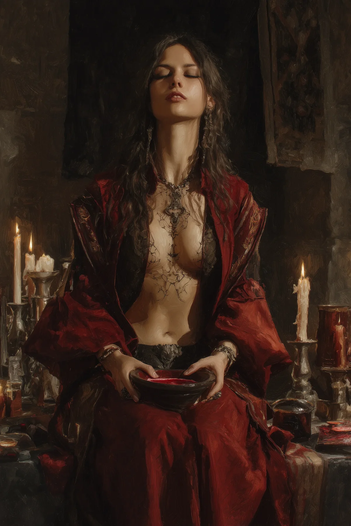 Dark-haired woman in open crimson robes with tattoos across her chest, holding a bowl among lit candles.