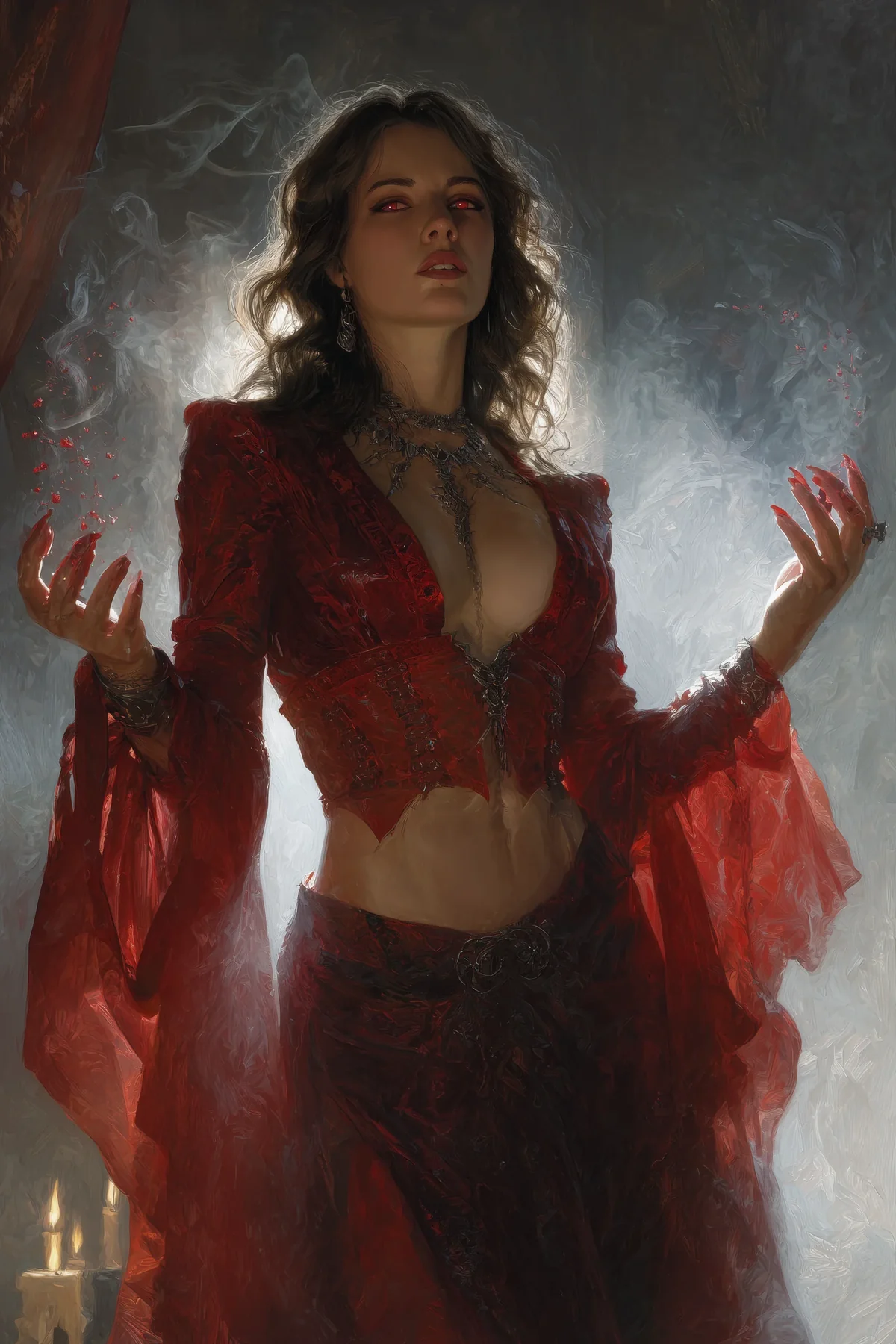 Slender dark-haired woman in sheer red layered fabric standing in a dim setting.
