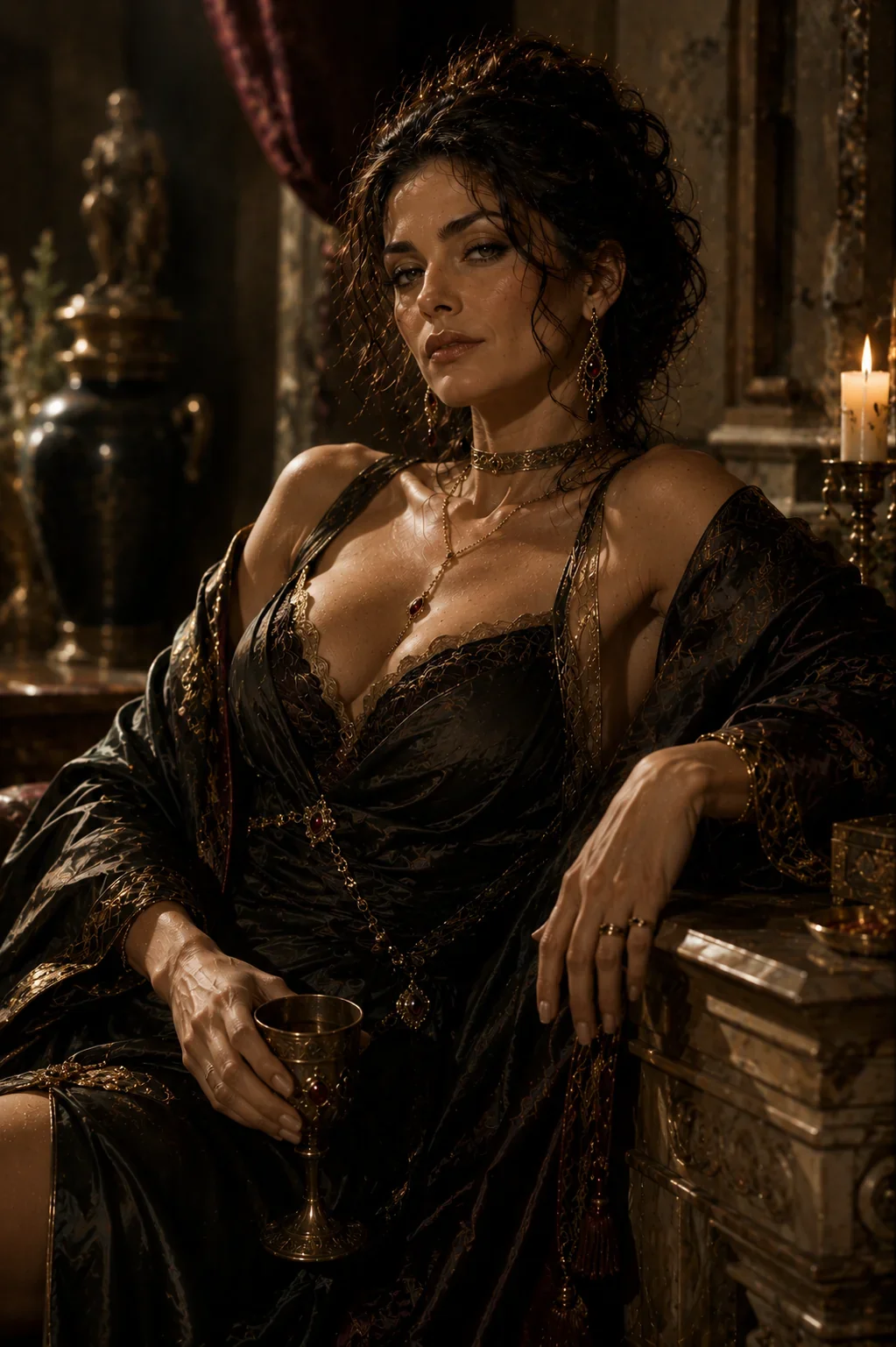 Dark-haired woman in a black and gold embroidered gown reclining with a gilded goblet, beside a lit candle in a dim opulent room.