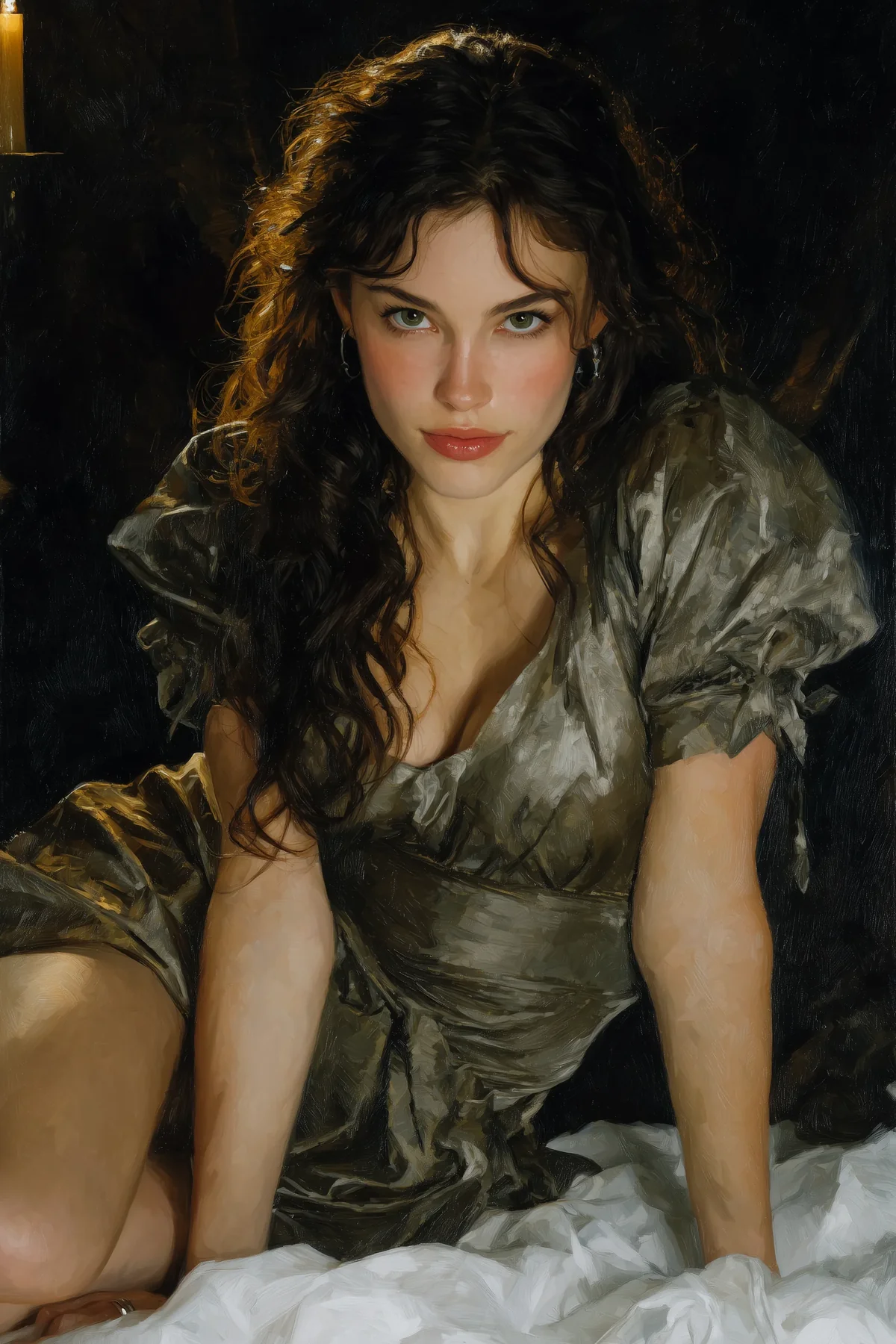 Dark wavy-haired woman in a corset and loose shirt reclining in a dim room.