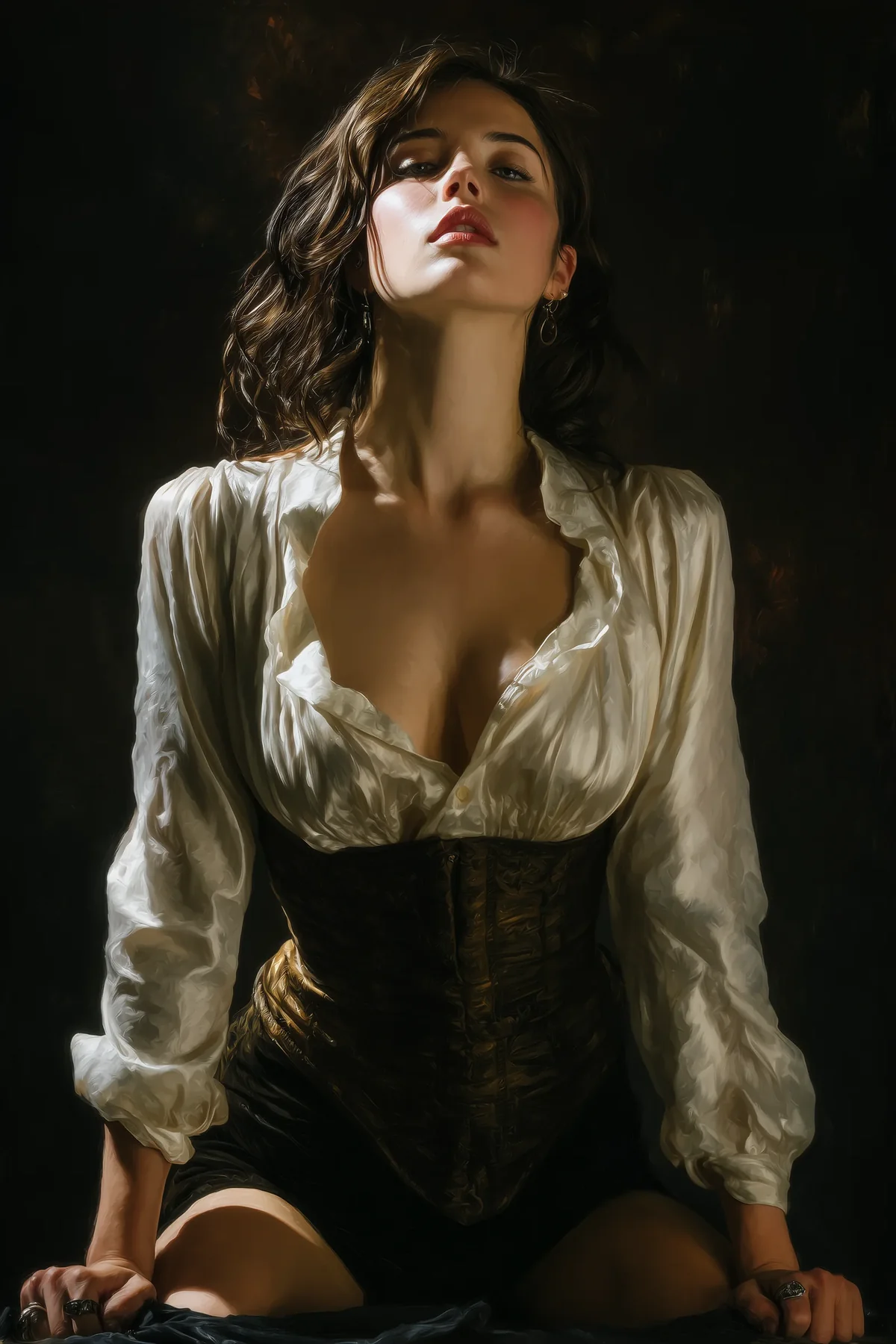 Dark wavy-haired woman in a loose ivory blouse and dark corset reclining in shadow.