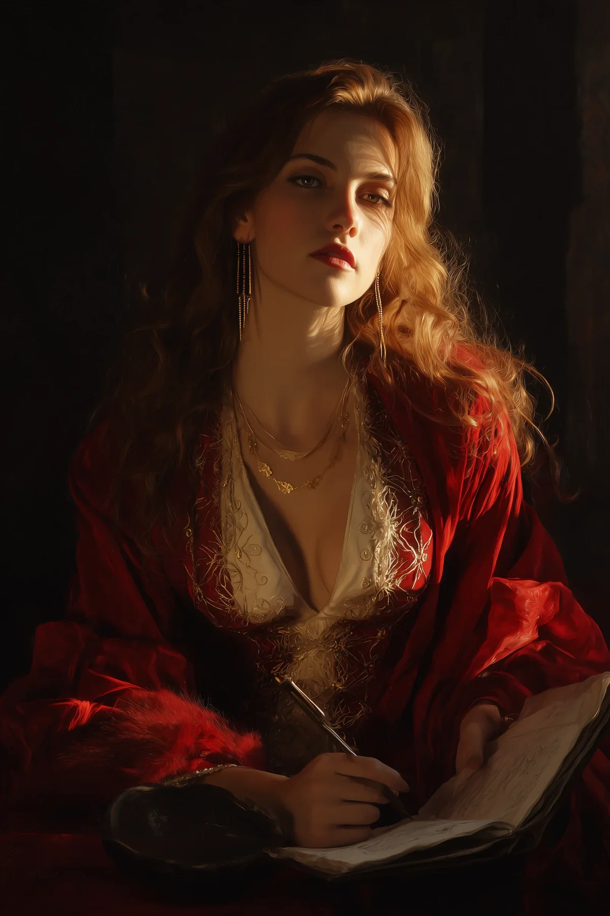 Dark-haired woman in red seated at a candlelit writing desk with parchment.