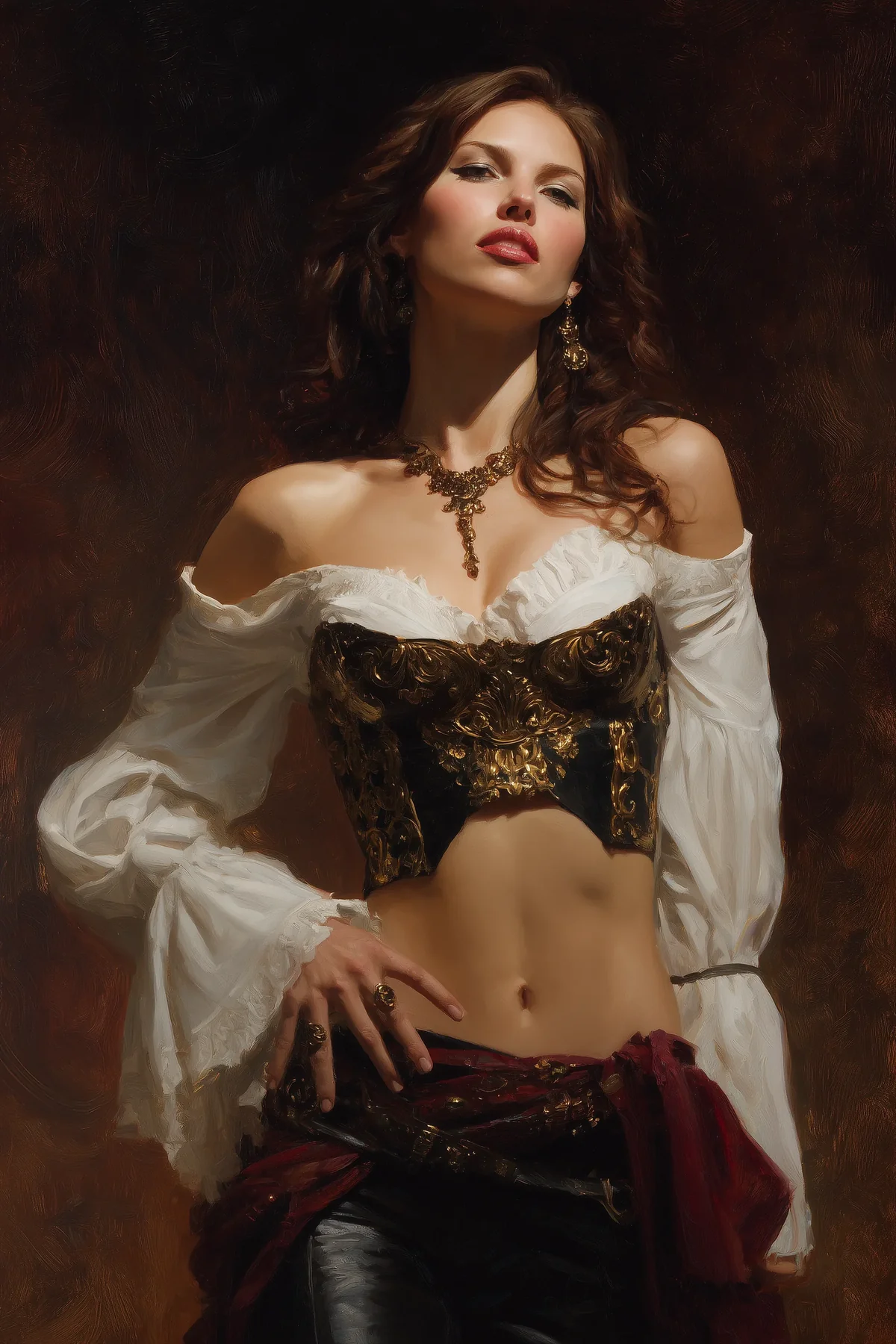Dark-haired woman in a crimson laced bodice and white blouse, hands on hips.
