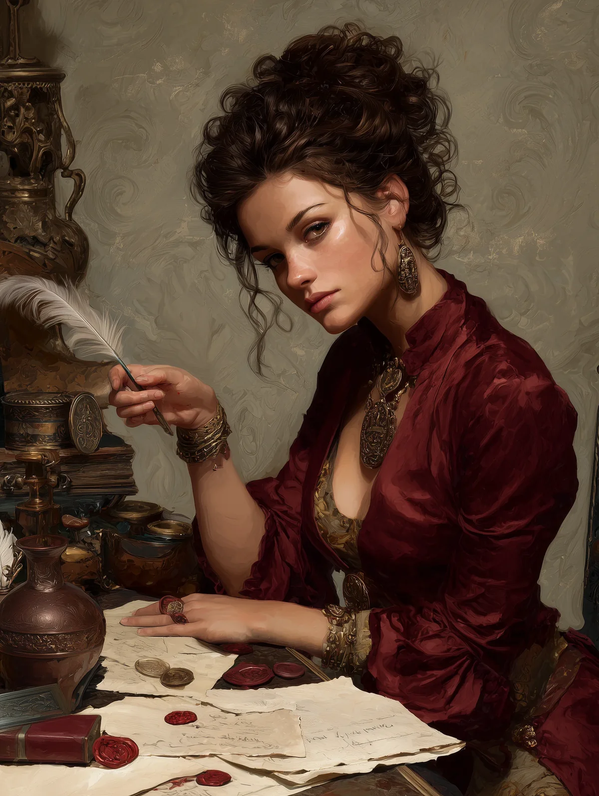Auburn-haired woman in a red dress holding a quill pen at a writing desk with parchment and an oil lamp.