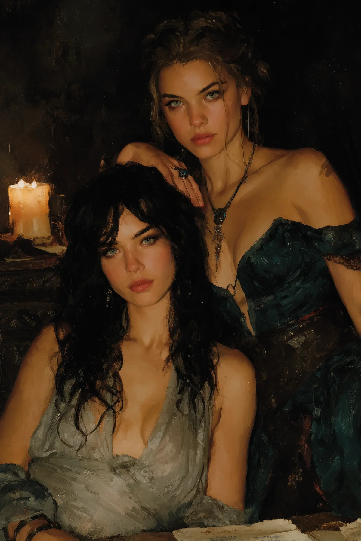 Two dark-haired women in dark gowns leaning close together in a dim candlelit interior.