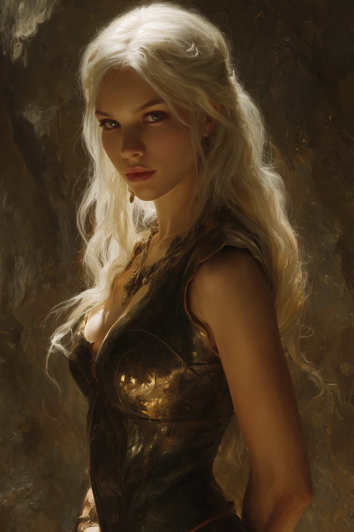Blonde elven woman with long hair wearing a bronze-colored silk garment, lit in warm golden tones against a dark interior.