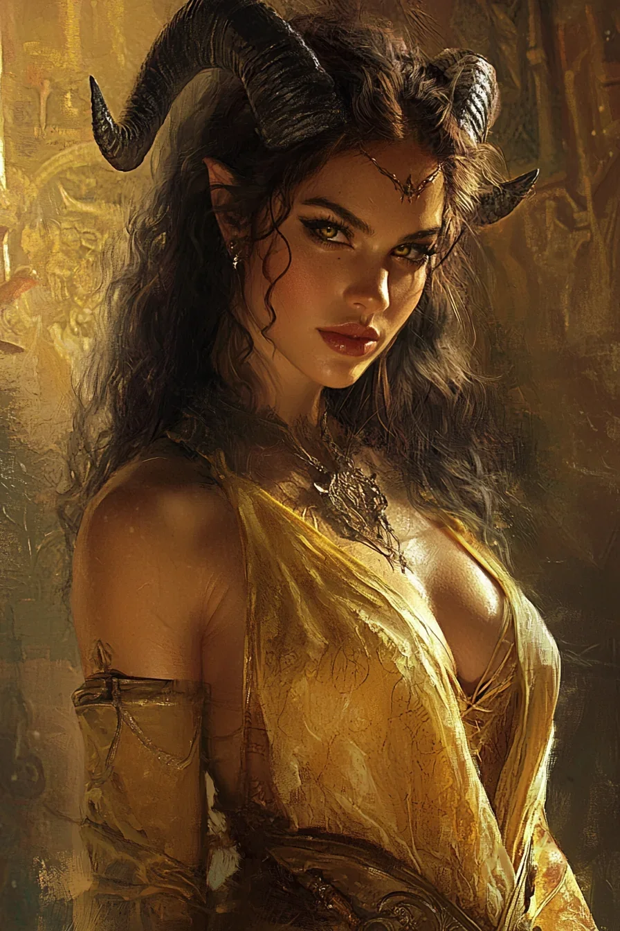 Horned tiefling woman with dark hair in a shimmering gold gown, lit in warm amber tones.