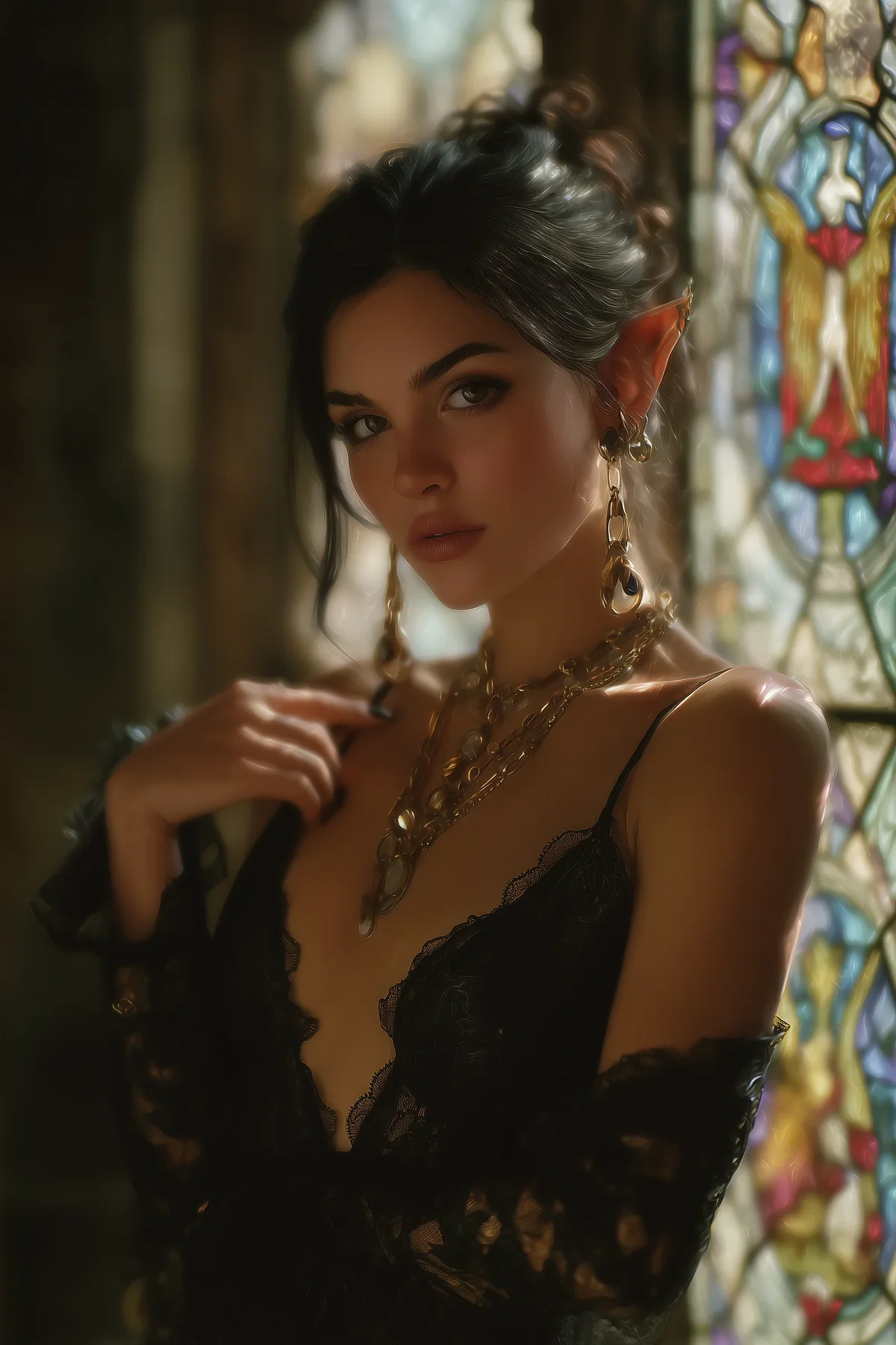 Dark-haired woman wearing layered necklaces and a black lace gown with long sleeves, near a stained-glass window.
