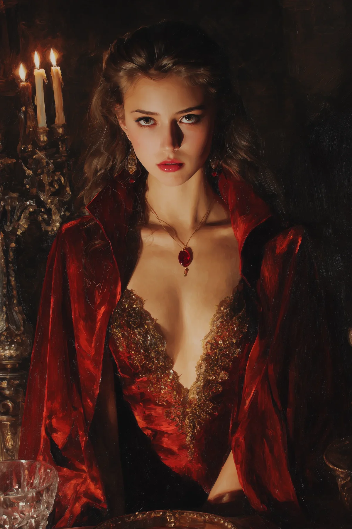 Horned female demon with red curls seated in a deep red velvet gown, a ruby pendant at her throat, in a candlelit interior.