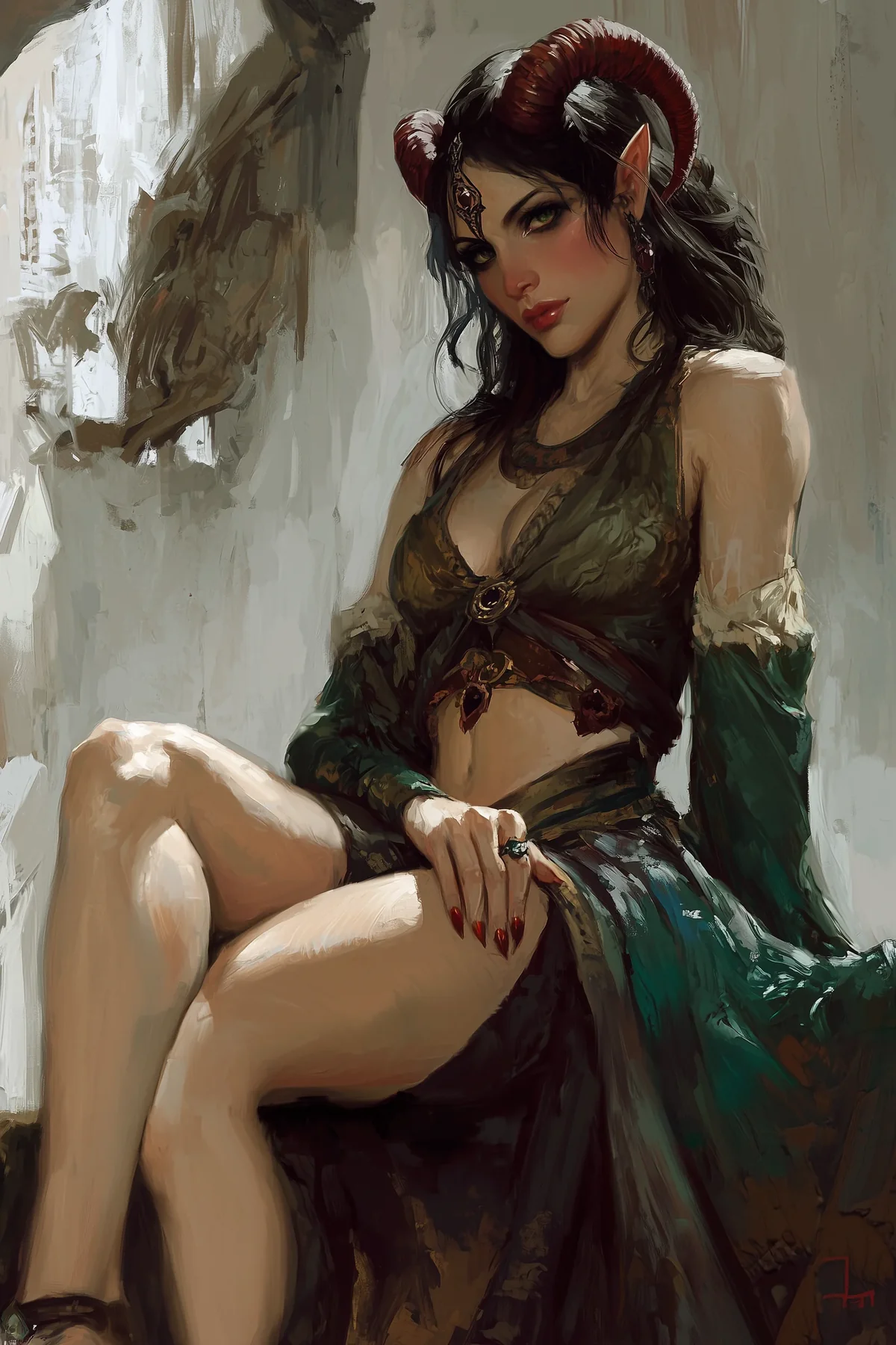 Female satyr with tan skin, dark brown hair and small horns, seated cross-legged in a green and cream outfit by a window.