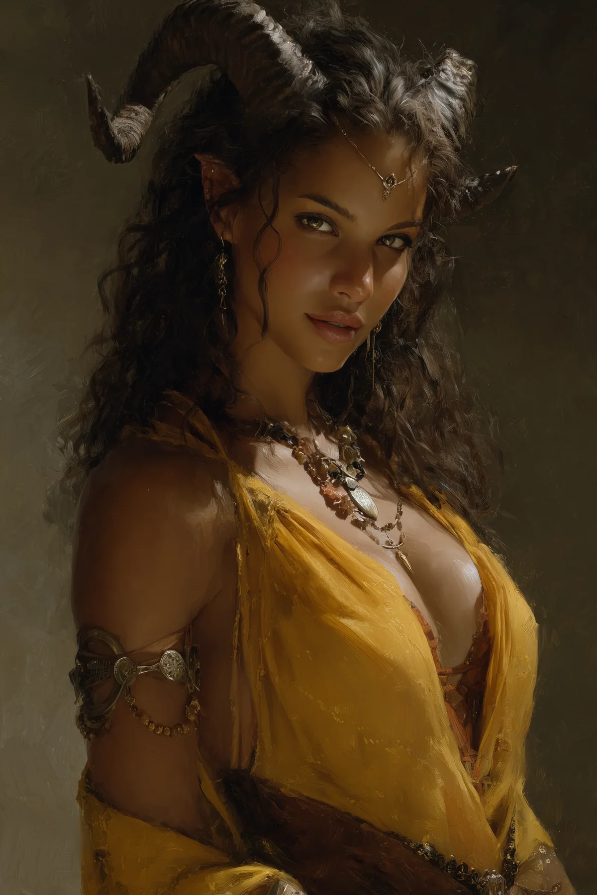 Female tiefling with horns and dark hair, wearing a golden-yellow gown sliding off one shoulder, in warm low light.