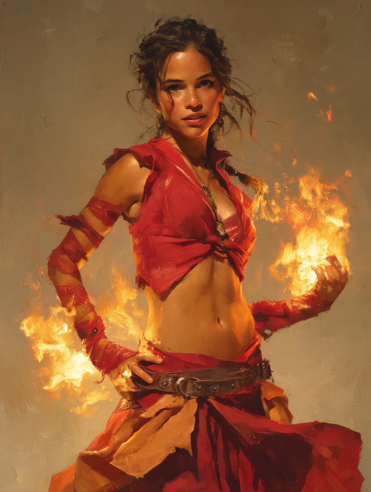 Fierce woman in a scarlet dress with elegant burn scars on her arms and shoulders, flames glowing in the dark background.