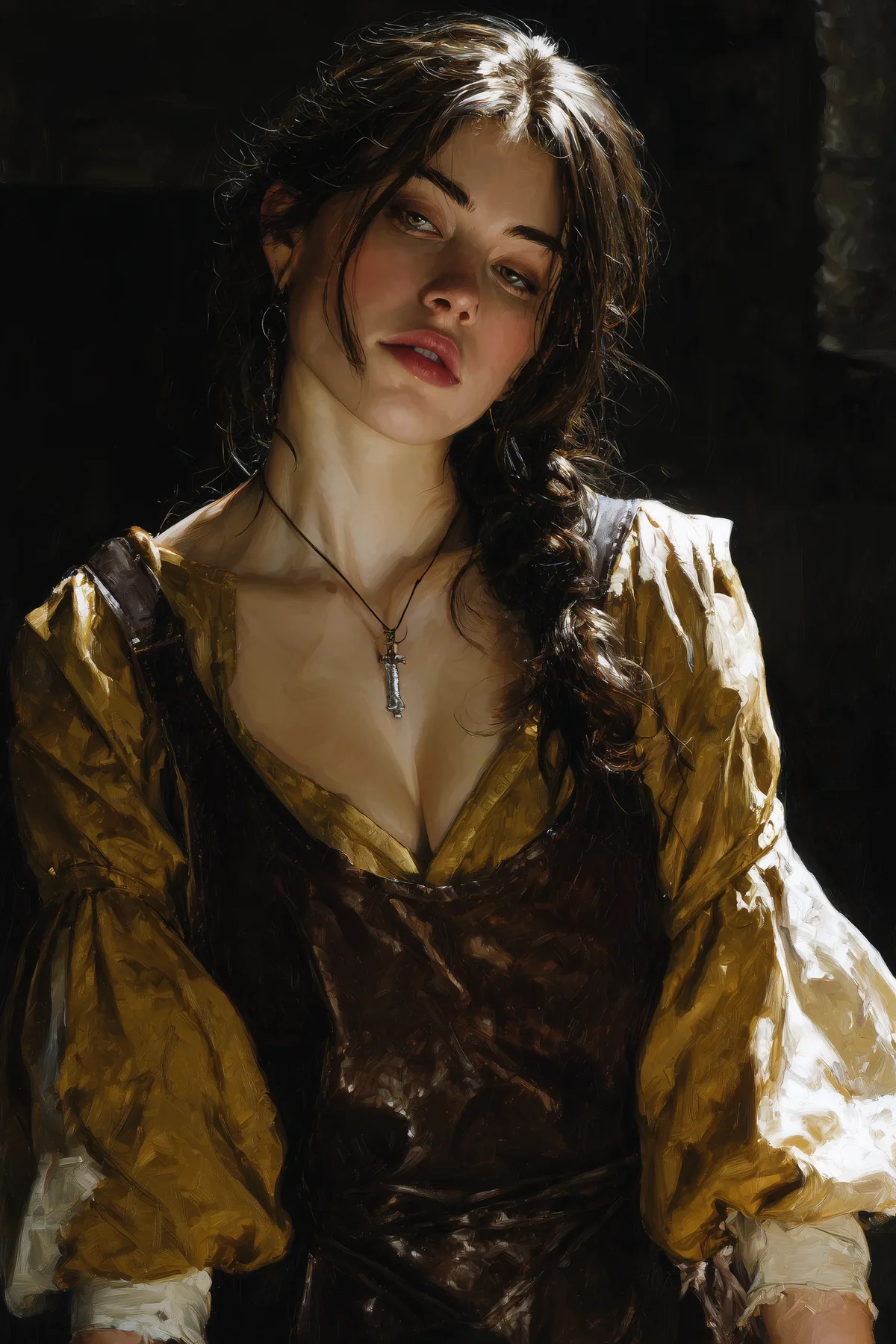 Gaunt pale woman with dark brown hair in a loosened brown bodice and chemise, standing in a dim candlelit interior.