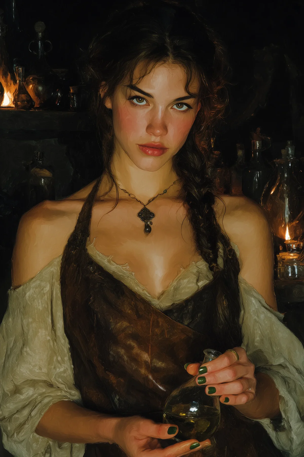 Gaunt pale woman with dark brown hair in practical brown leather garb, holding a goblet in a candlelit room.