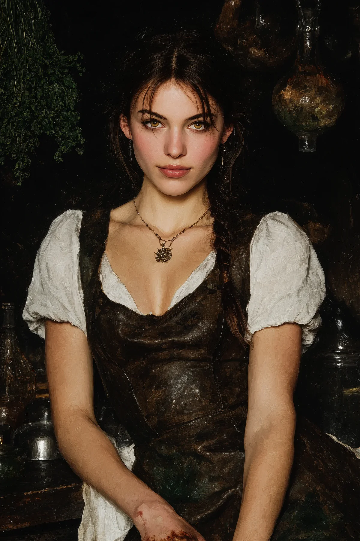 Gaunt pale woman with dark brown hair in a tight dark bodice over a white chemise, standing in a dim interior.