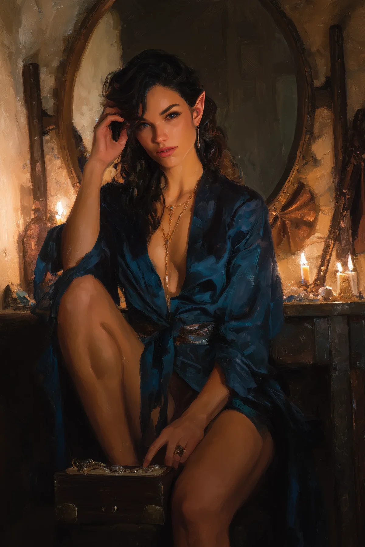 Dark-haired half-elf woman in a blue velvet dress seated with knees drawn up in a dim room.