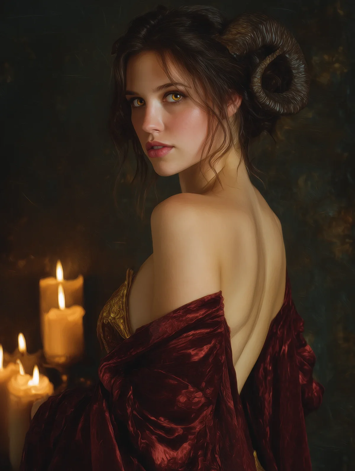 Woman with ram's horns looking over her bare shoulder, a red velvet robe slipping down her back, candles beside her.