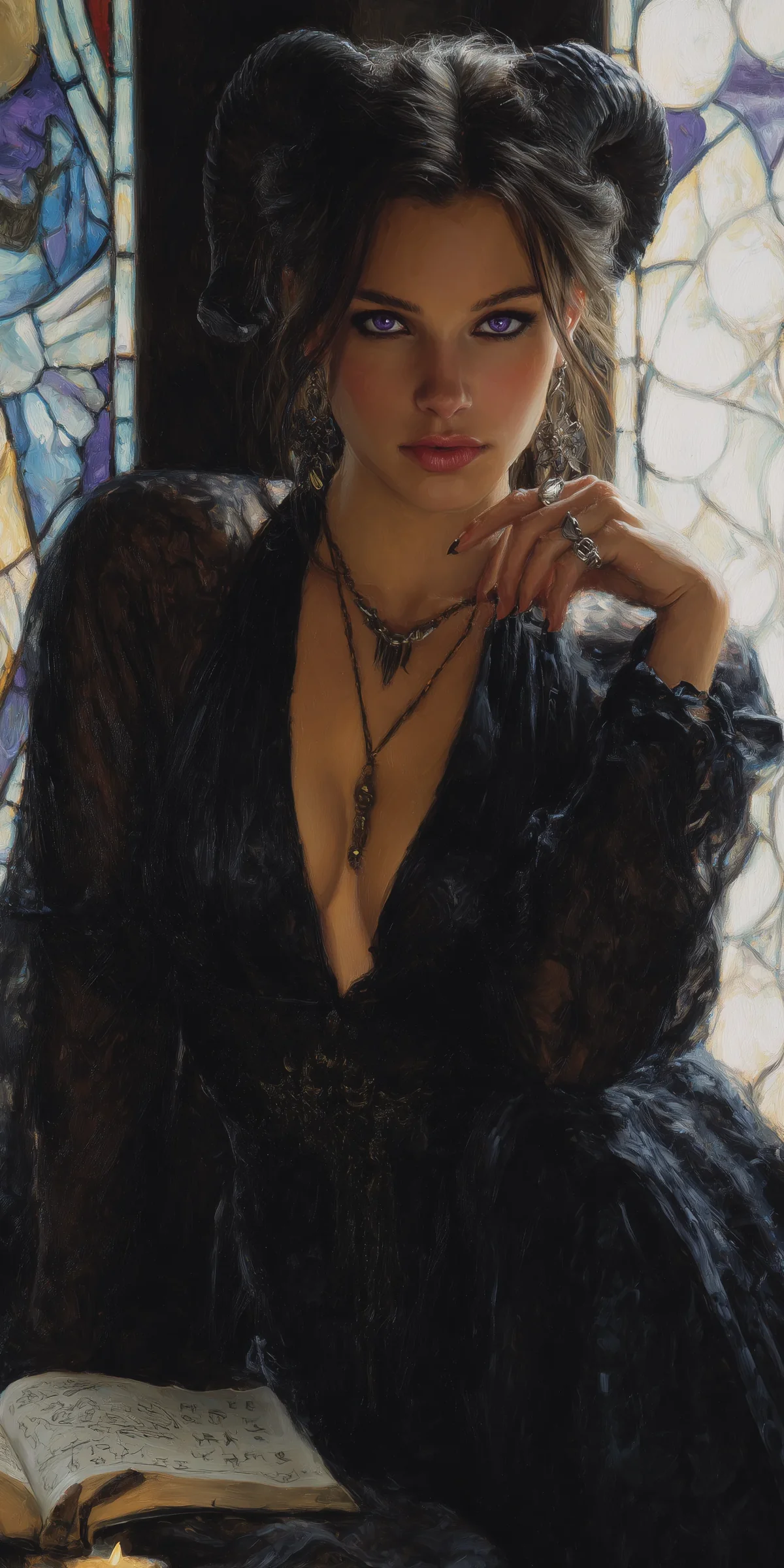 Dark-haired woman with curled horns in a black lace robe, seated before a stained-glass window with an open book.