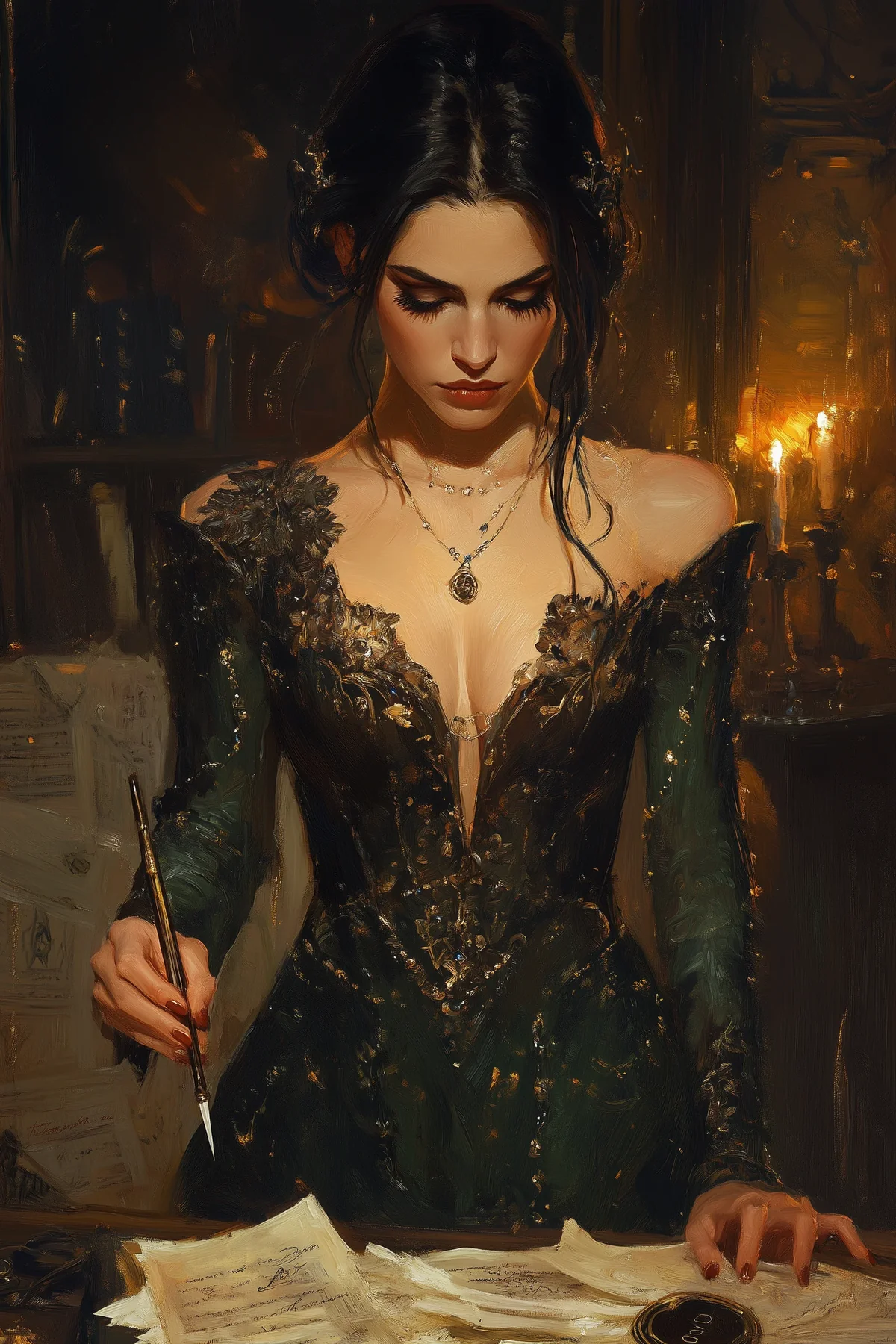 Dark-haired woman in an intricate beaded black gown with elaborate jewelry, standing in low light.