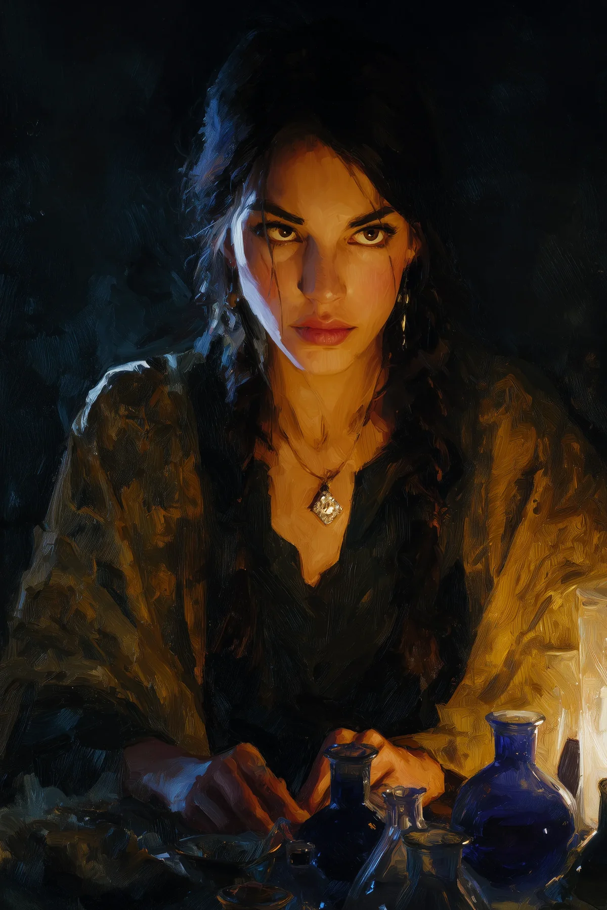 Dark-haired braided woman in golden-brown robes standing in a dim atmospheric interior.